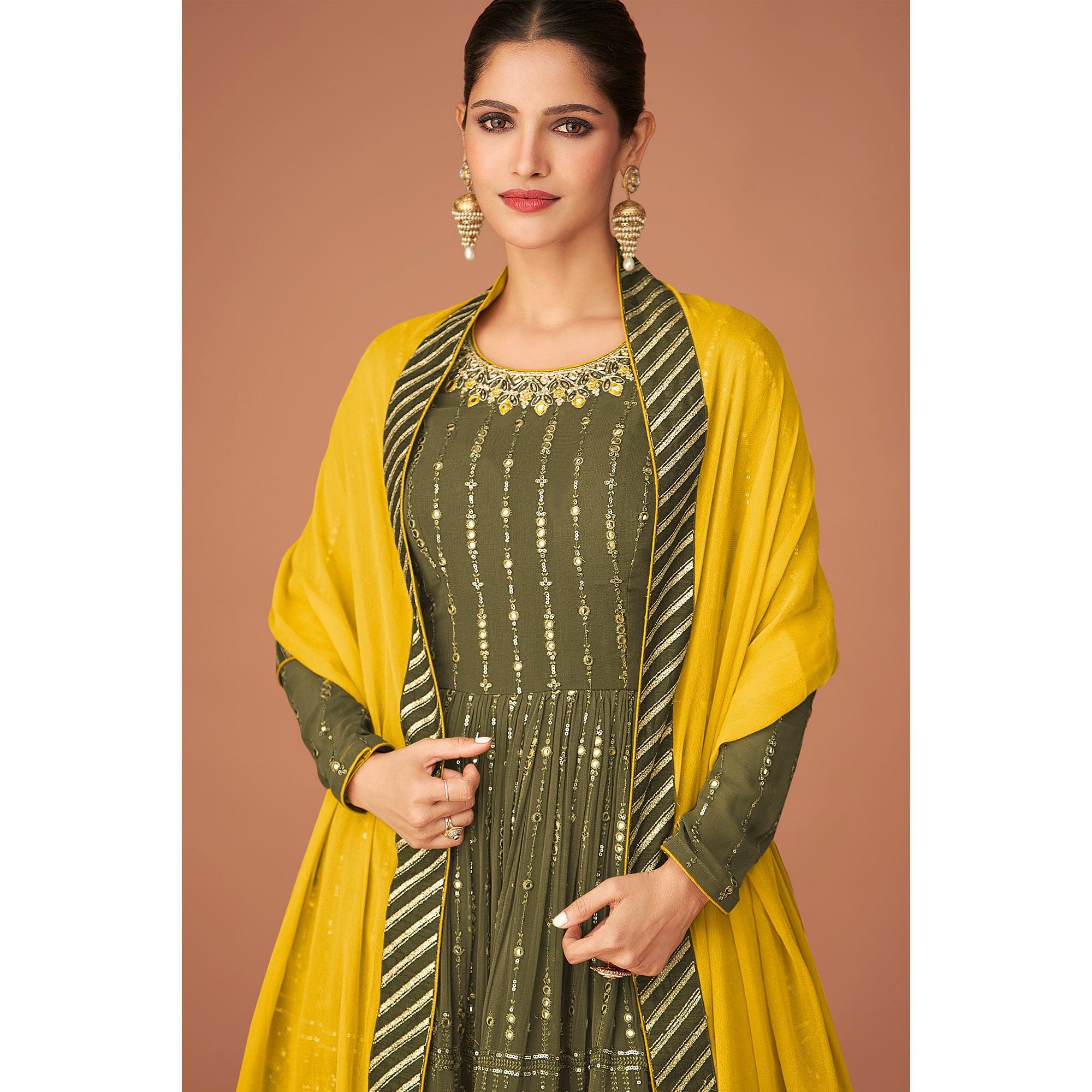 Olive Green Party Wear Embroidered Georgette Sharara Suit - Peachmode