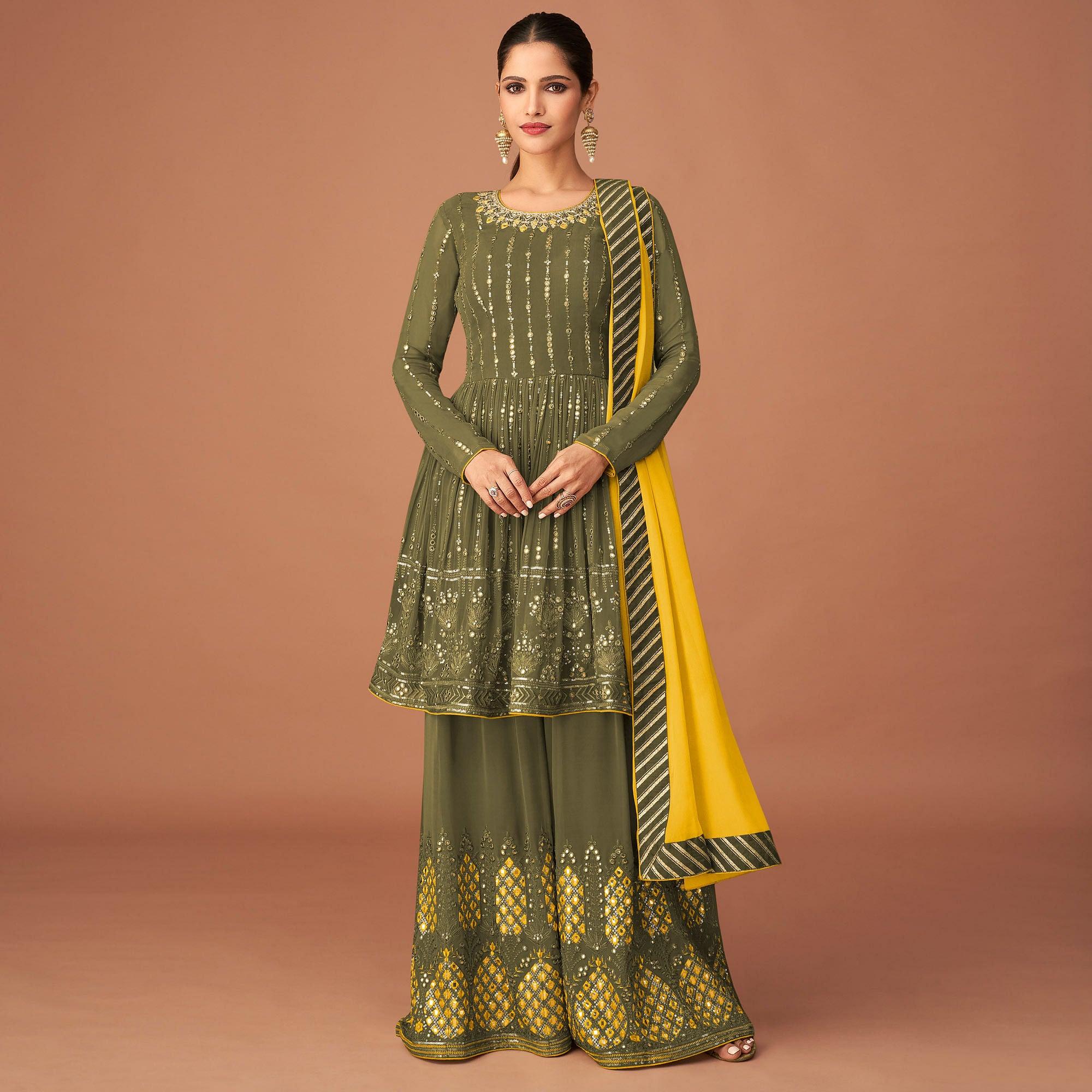 Olive Green Party Wear Embroidered Georgette Sharara Suit - Peachmode