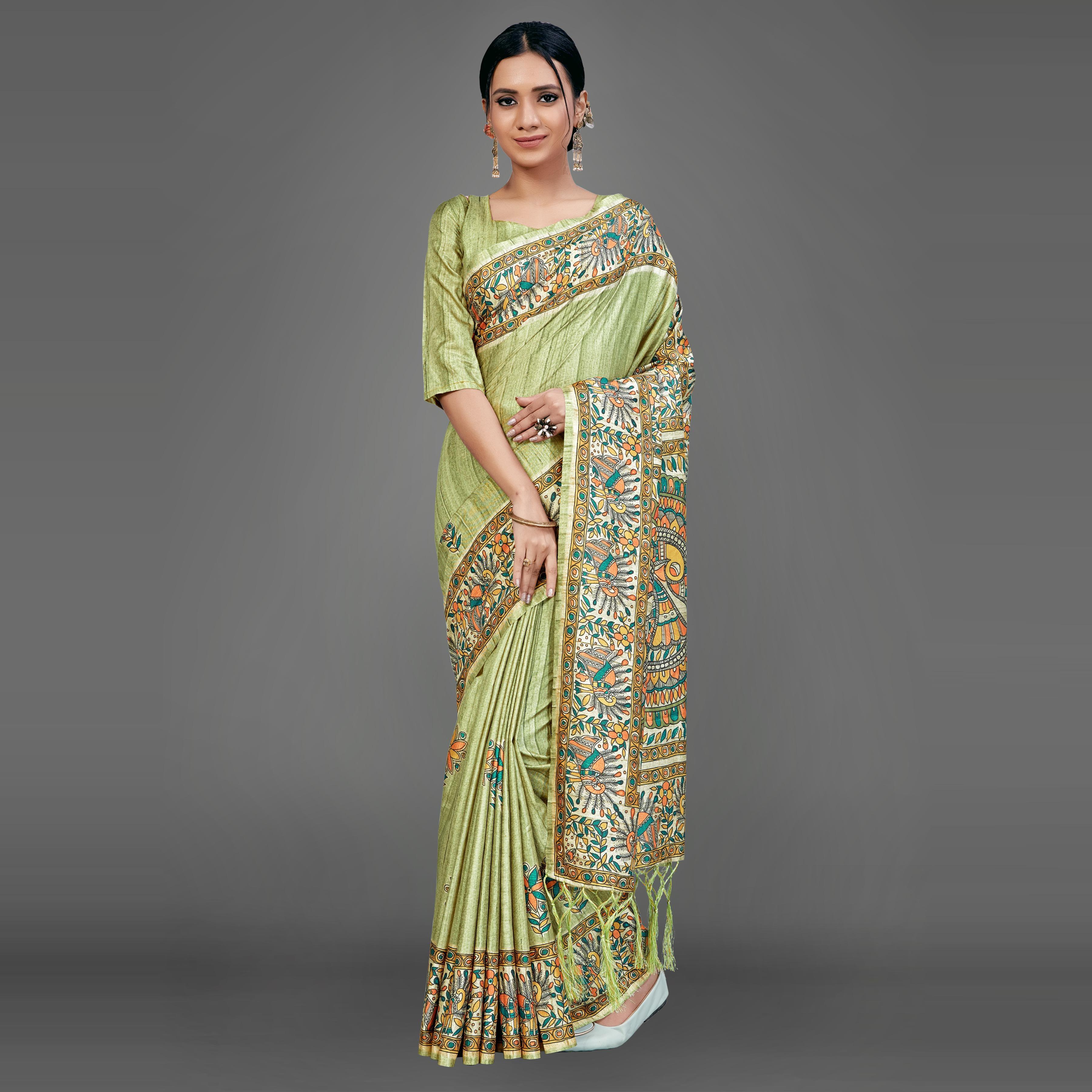 Olive Green Party Wear Silk Blend Floral-Animal Print Saree With Unstitched Blouse - Peachmode