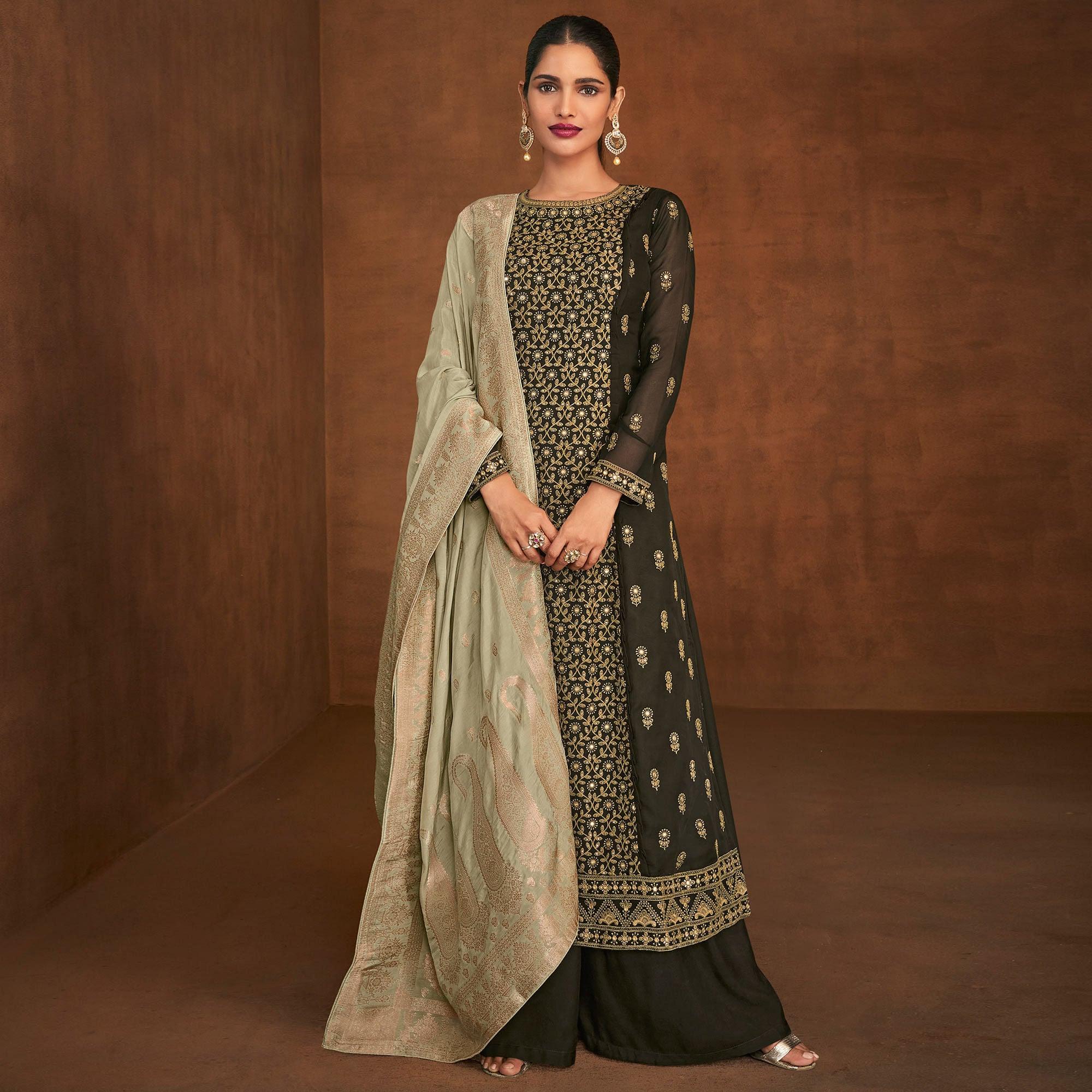 Olive Green Partywear Embroidered With Embellished Georgette Suit - Peachmode