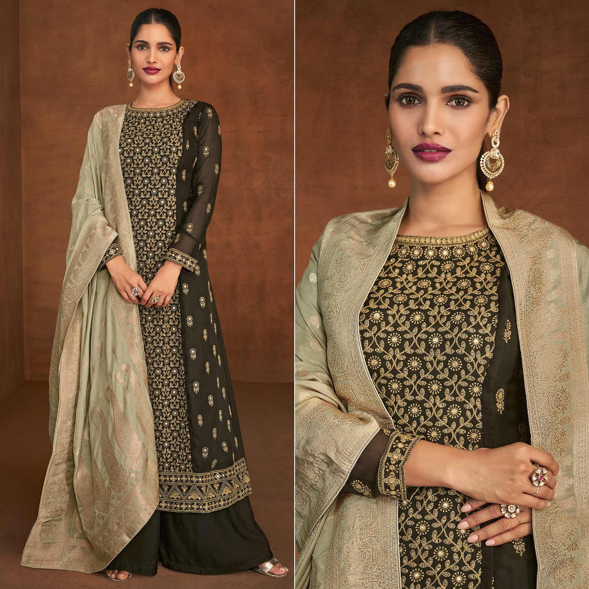 Olive Green Partywear Embroidered With Embellished Georgette Suit - Peachmode