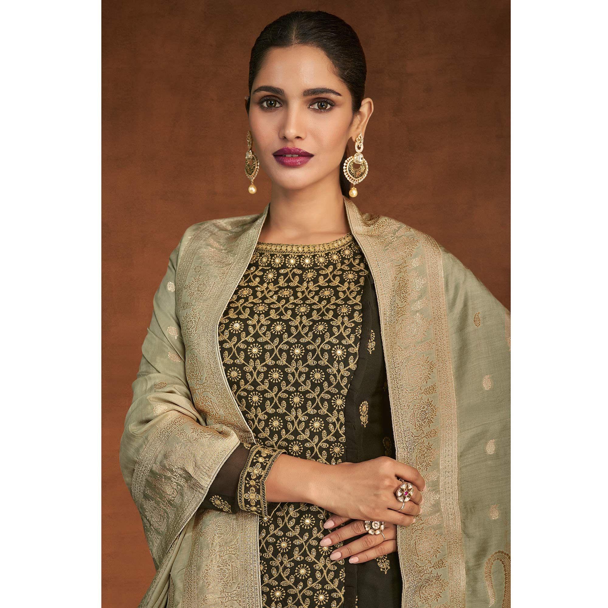 Olive Green Partywear Embroidered With Embellished Georgette Suit - Peachmode