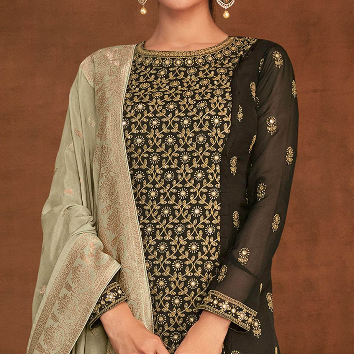 Olive Green Partywear Embroidered With Embellished Georgette Suit - Peachmode