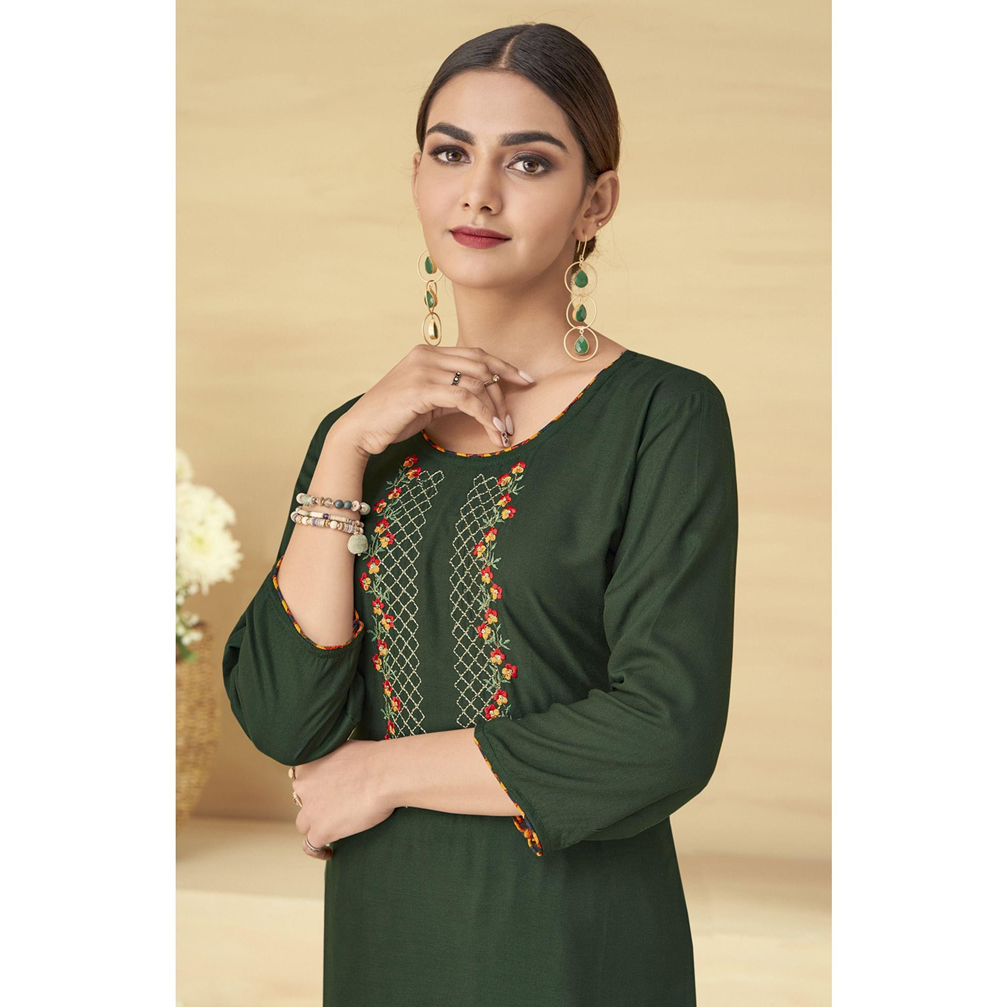 Olive Green Partywear Floral Embroidered Rayon Kurti Palazzo Set - Peachmode