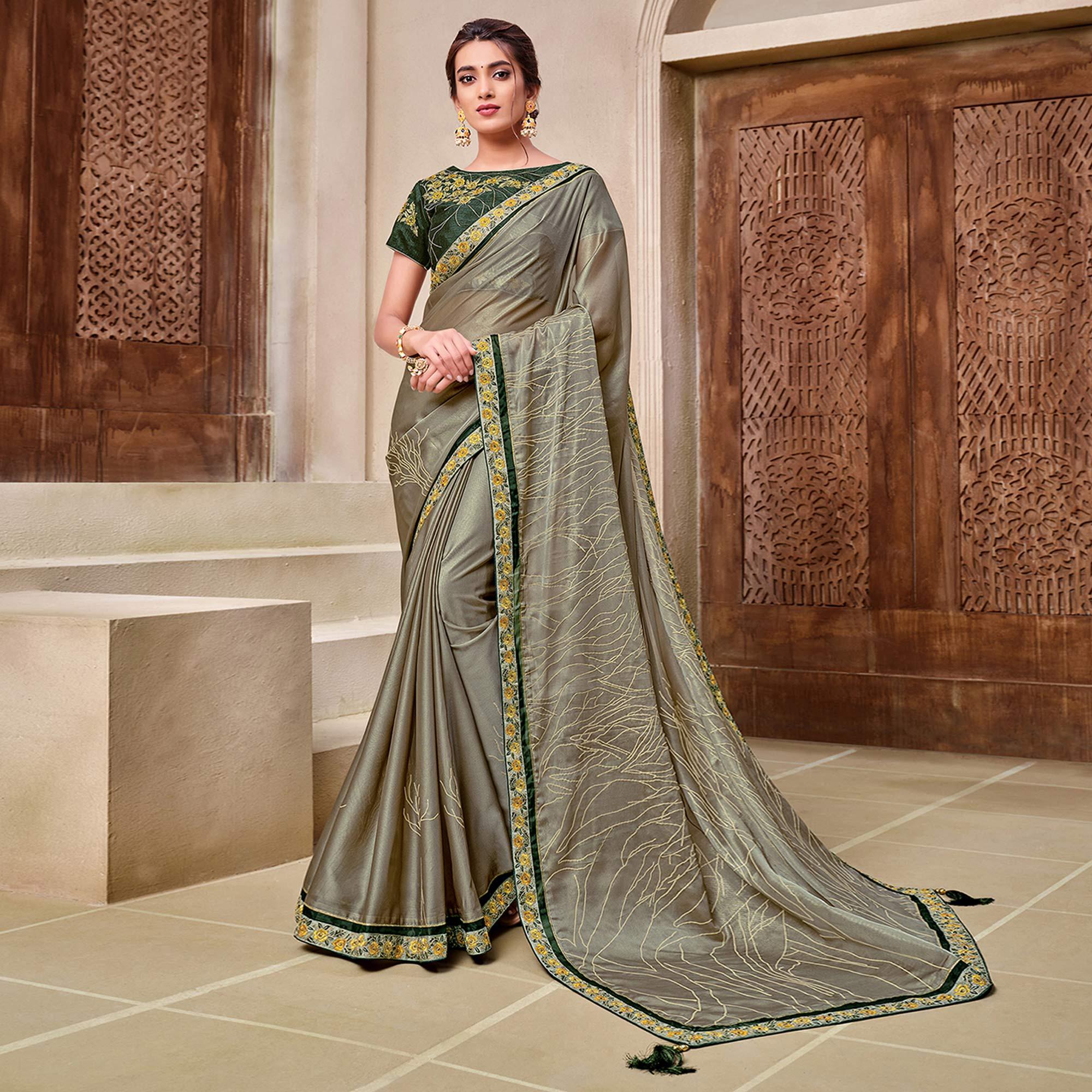 Olive Green Partywear Resham Embroidered Georgette Saree - Peachmode