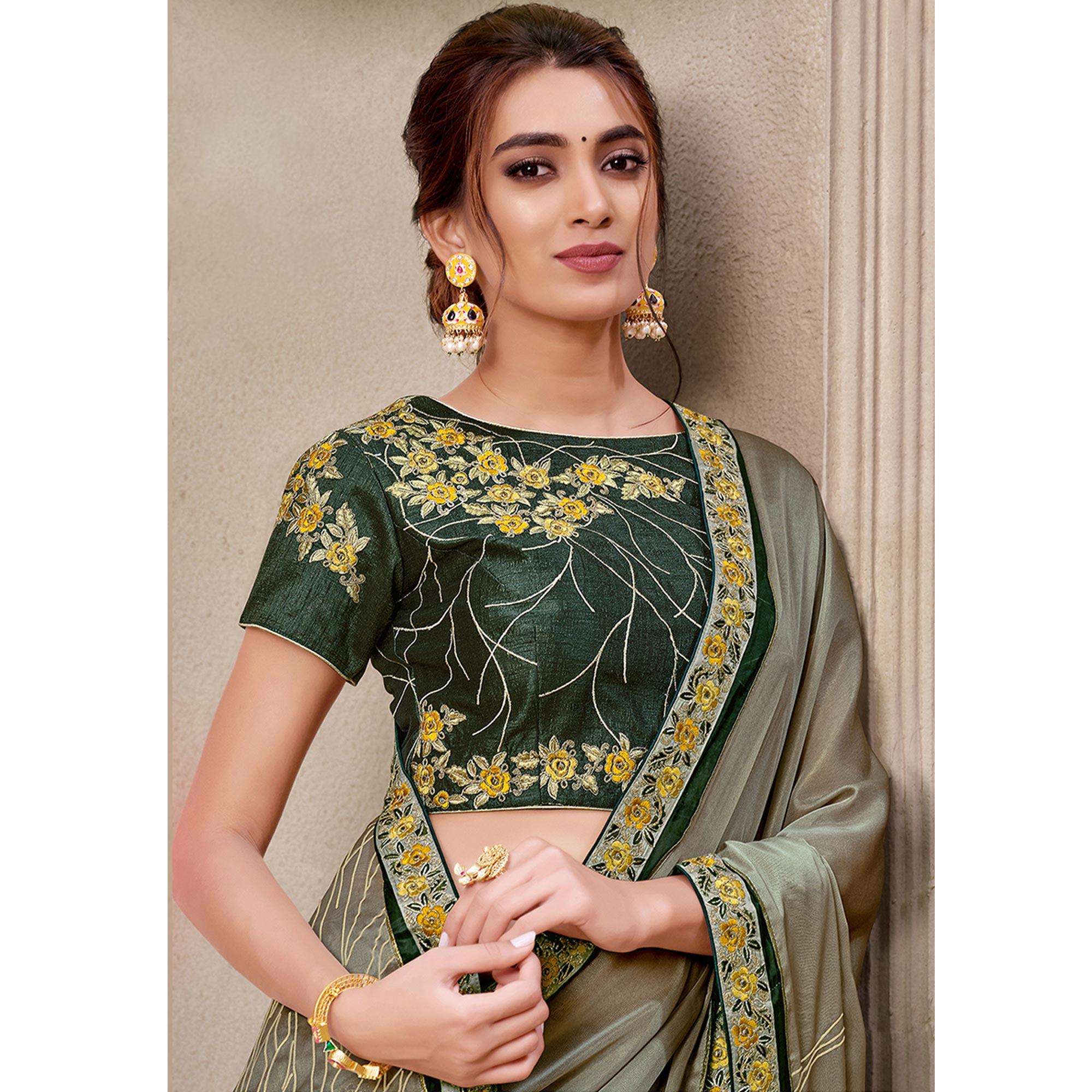 Olive Green Partywear Resham Embroidered Georgette Saree - Peachmode