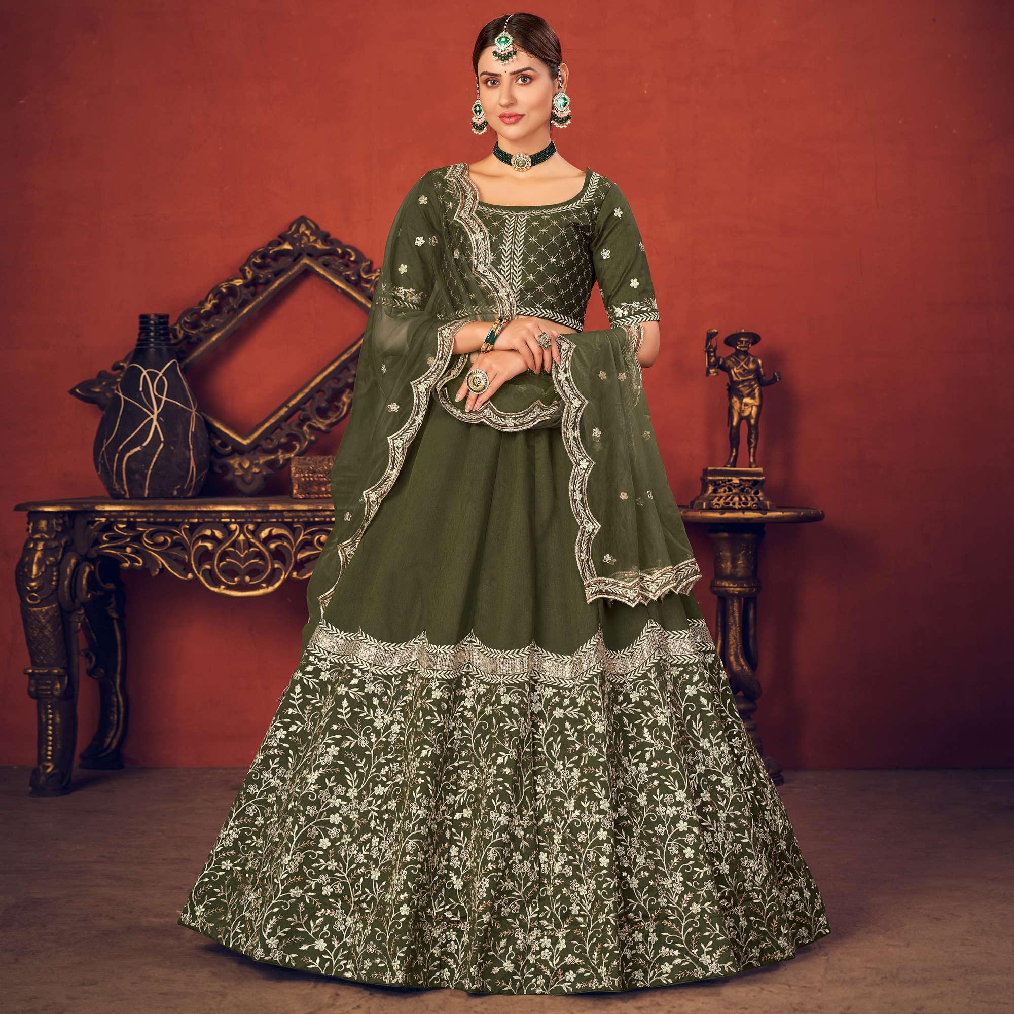Olive Green Partywear Sequence Embroidered Art Silk Lehenga Choli - Peachmode