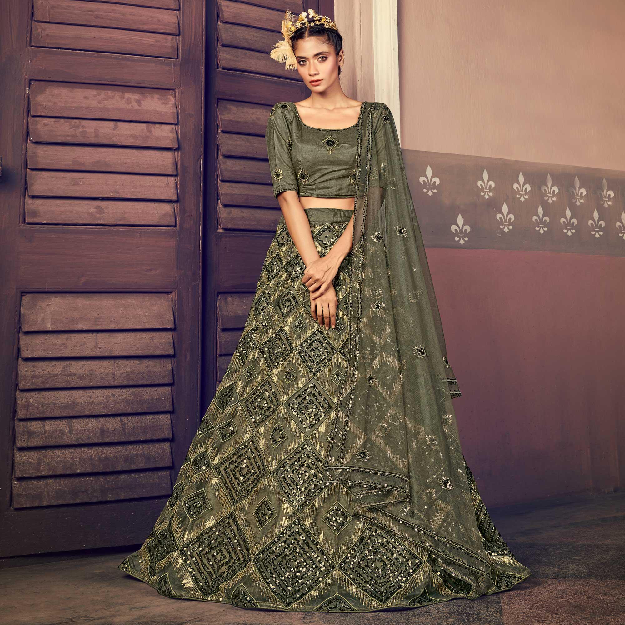 Olive Green Partywear Sequence Embroidered Net Lehenga Choli - Peachmode