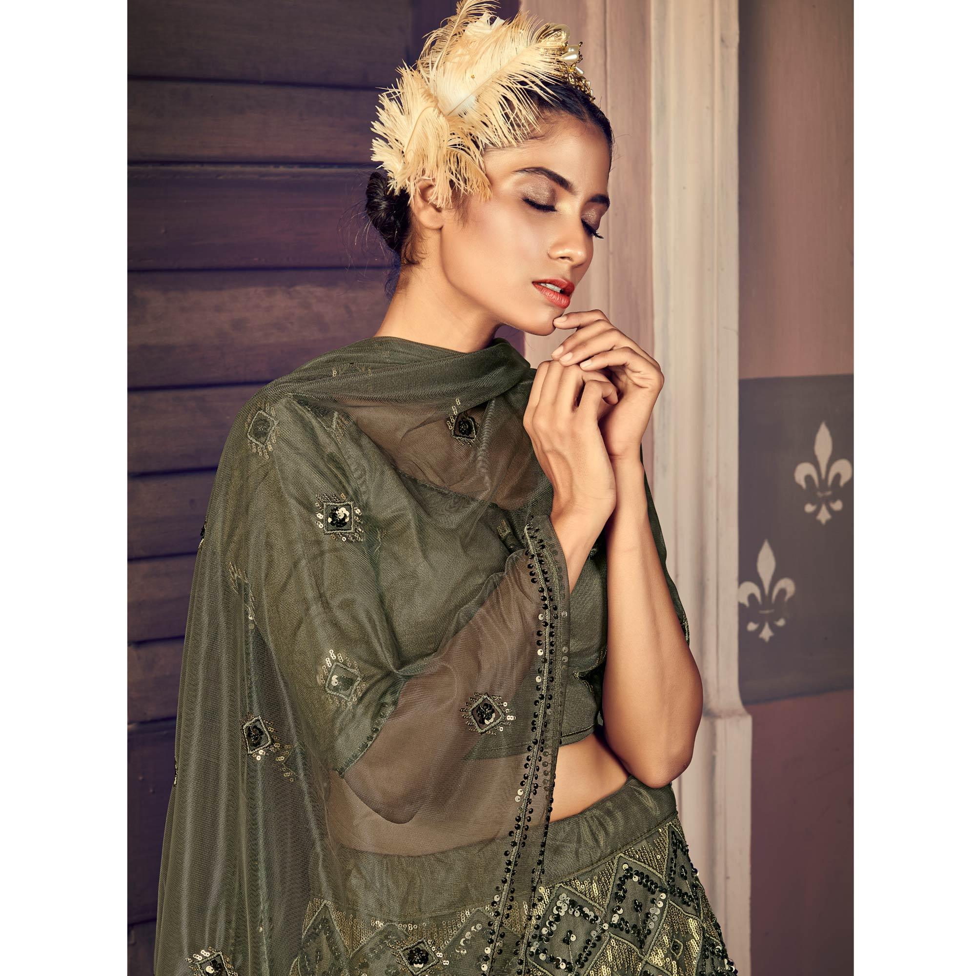 Olive Green Partywear Sequence Embroidered Net Lehenga Choli - Peachmode