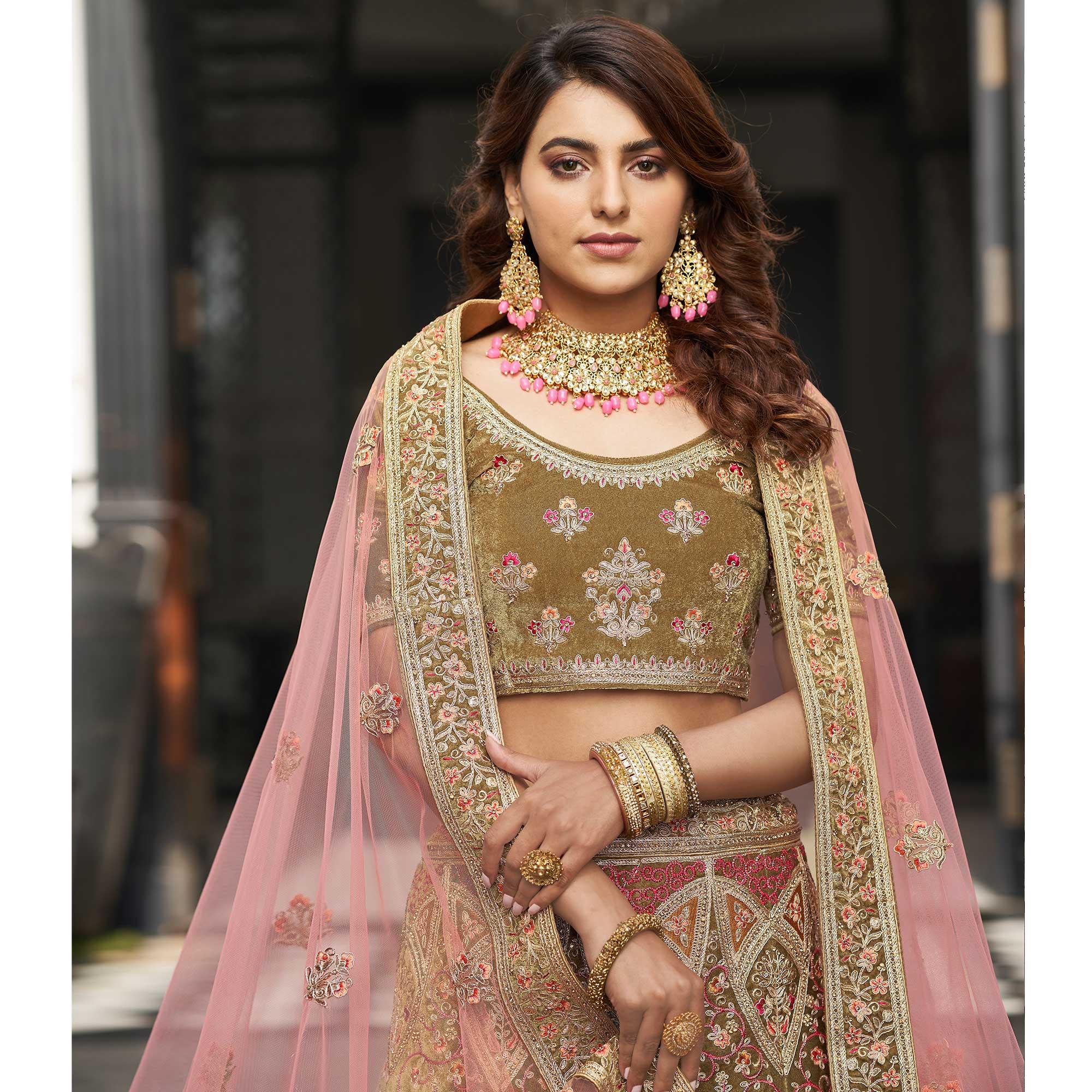 Olive Green Partywear Sequence Floral Embroidered Velvet Lehenga Choli - Peachmode