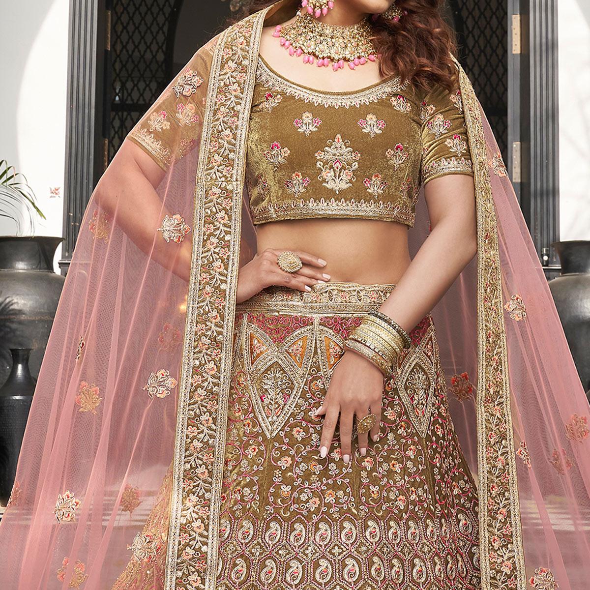 Olive Green Partywear Sequence Floral Embroidered Velvet Lehenga Choli - Peachmode