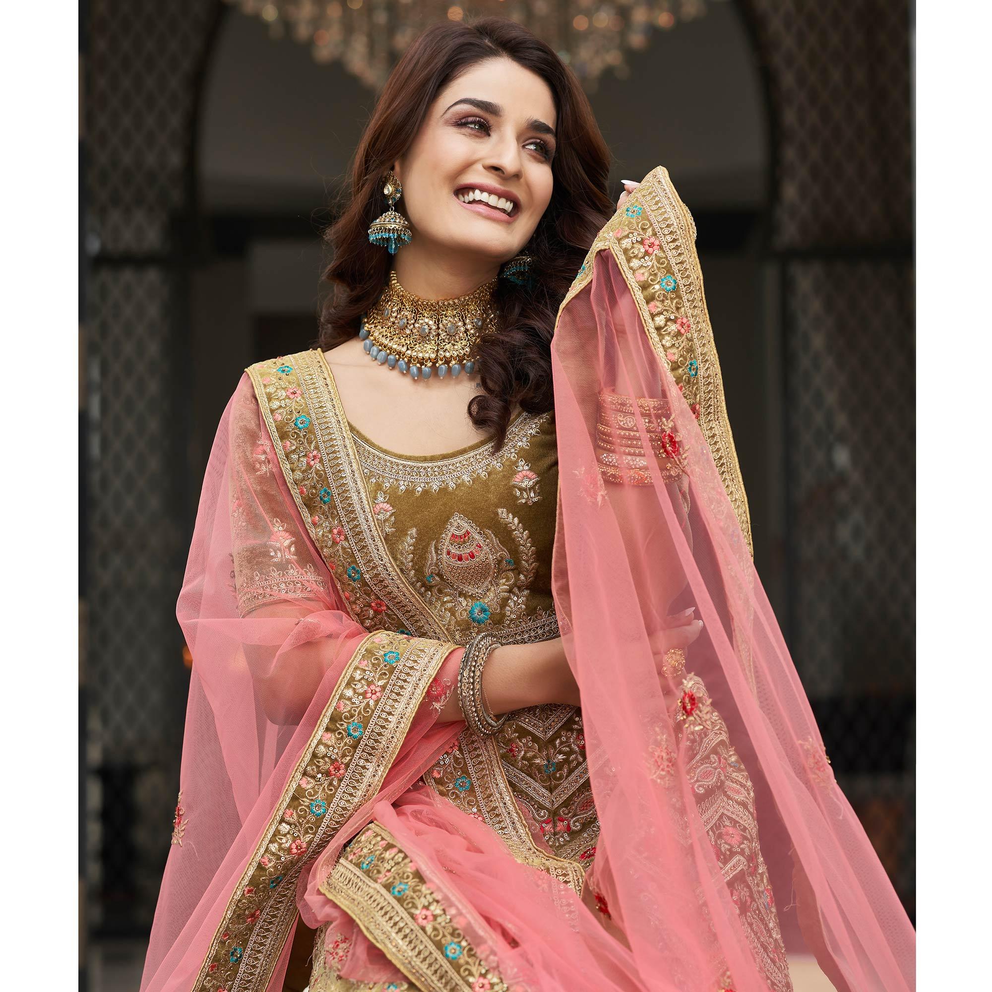 Olive Green Partywear Sequence Floral Embroidered Velvet Lehenga Choli - Peachmode