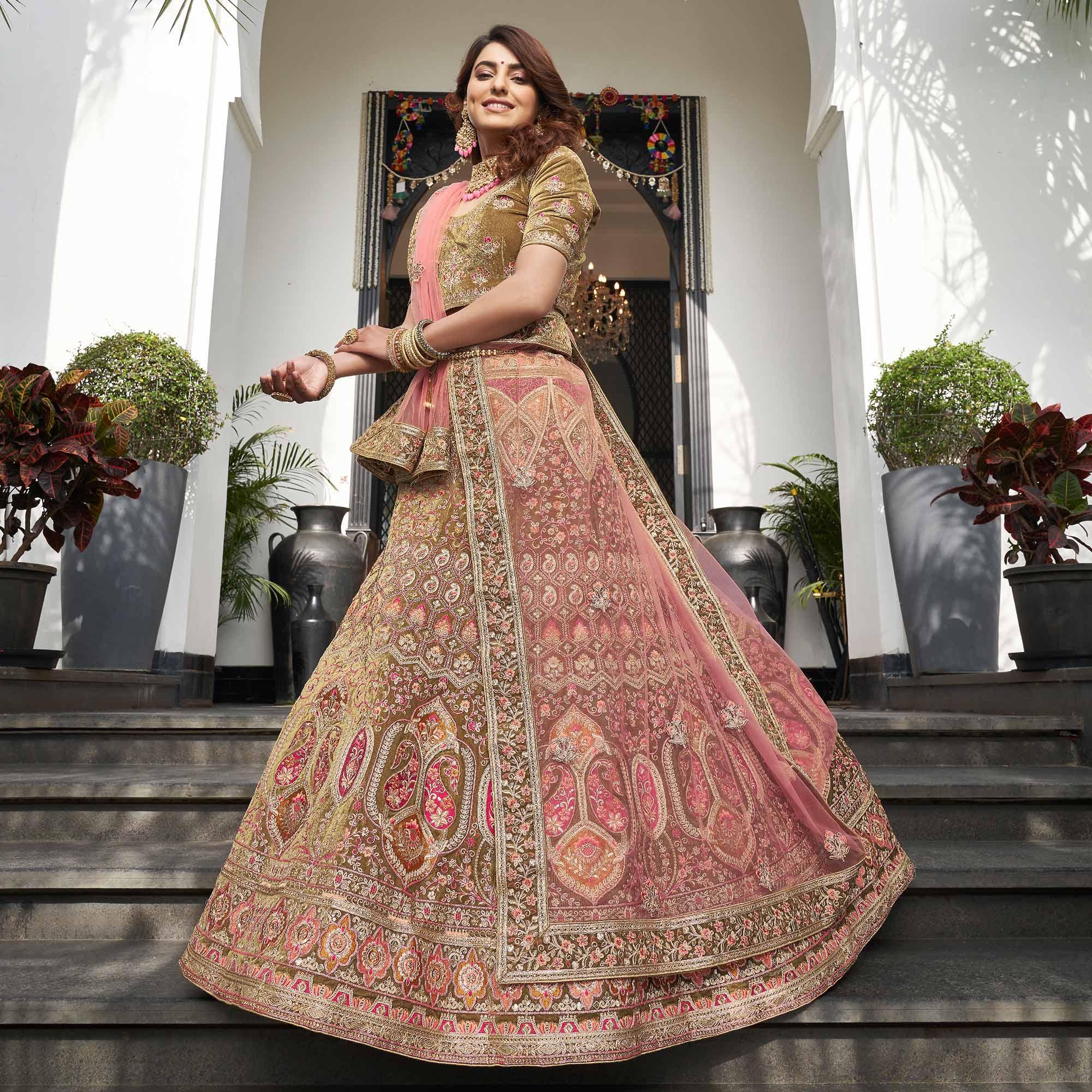 Olive Green Partywear Sequence Floral Embroidered Velvet Lehenga Choli - Peachmode