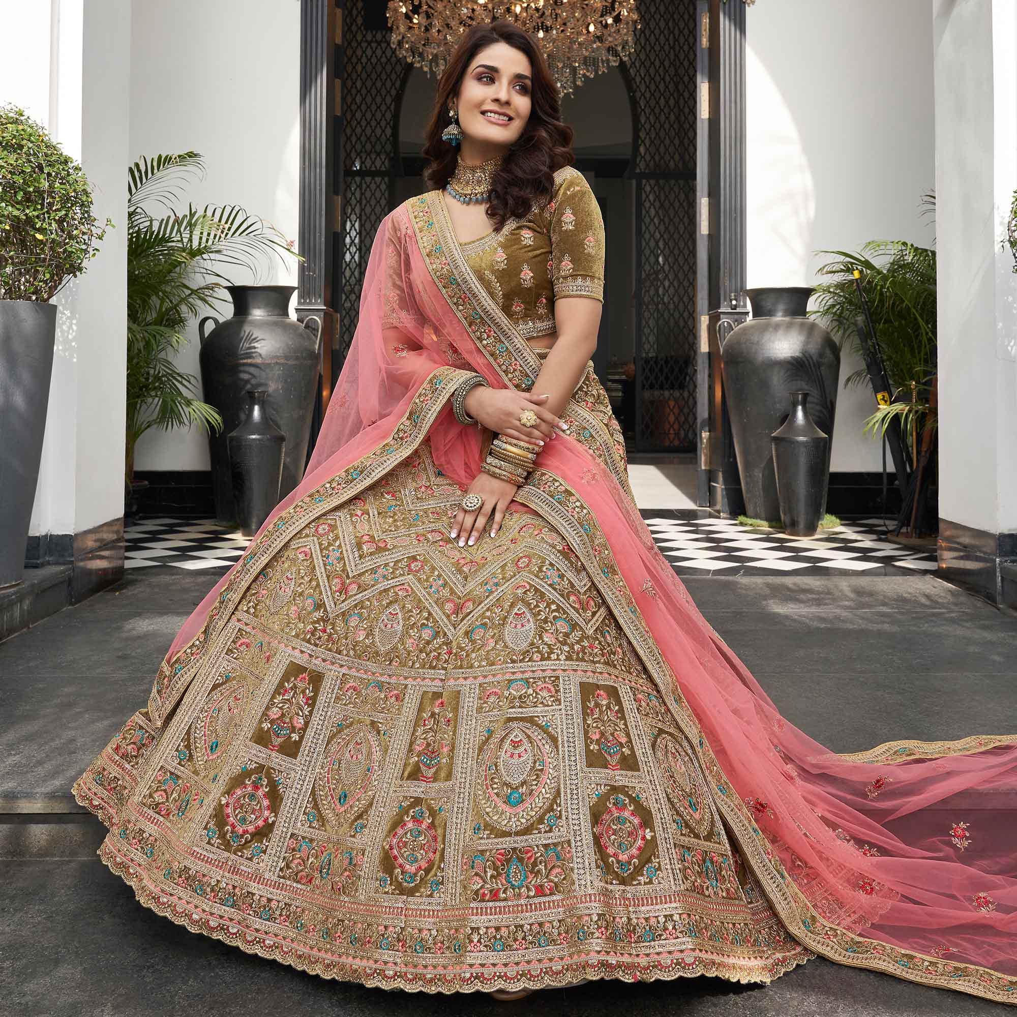Olive Green Partywear Sequence Floral Embroidered Velvet Lehenga Choli - Peachmode