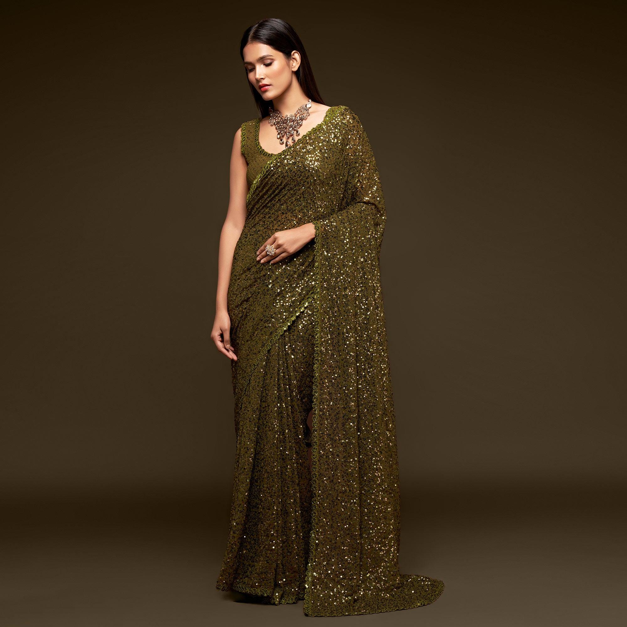 Olive Green Partywear Thread & Sequins Embroidered Georgette Saree - Peachmode