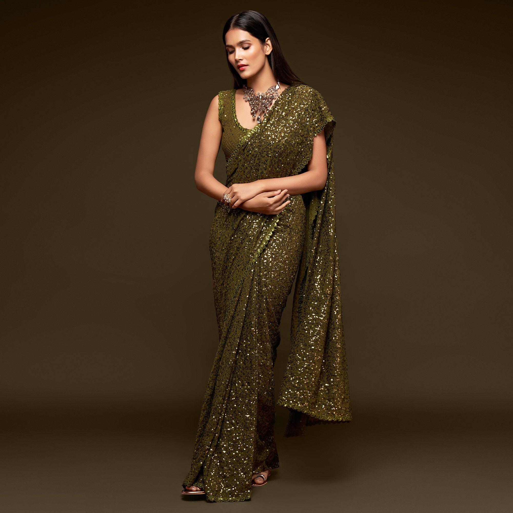 Olive Green Partywear Thread & Sequins Embroidered Georgette Saree - Peachmode