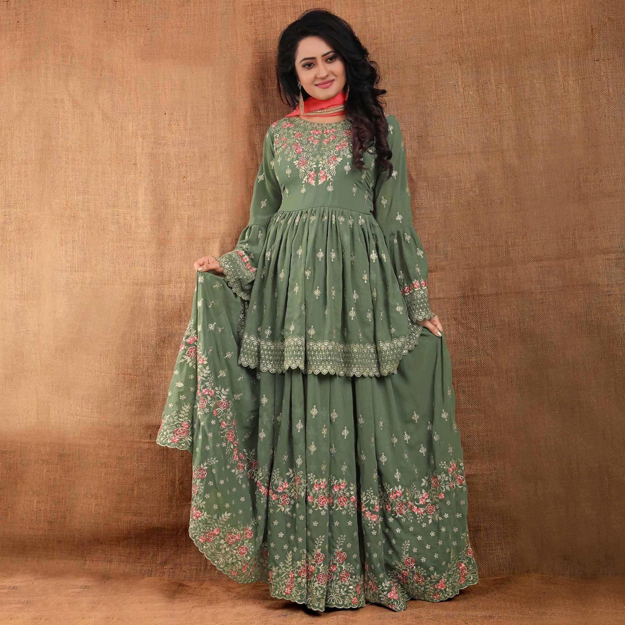 Olive Green Partywear Thread Floral Embroidered Georgette Sharara Suit - Peachmode
