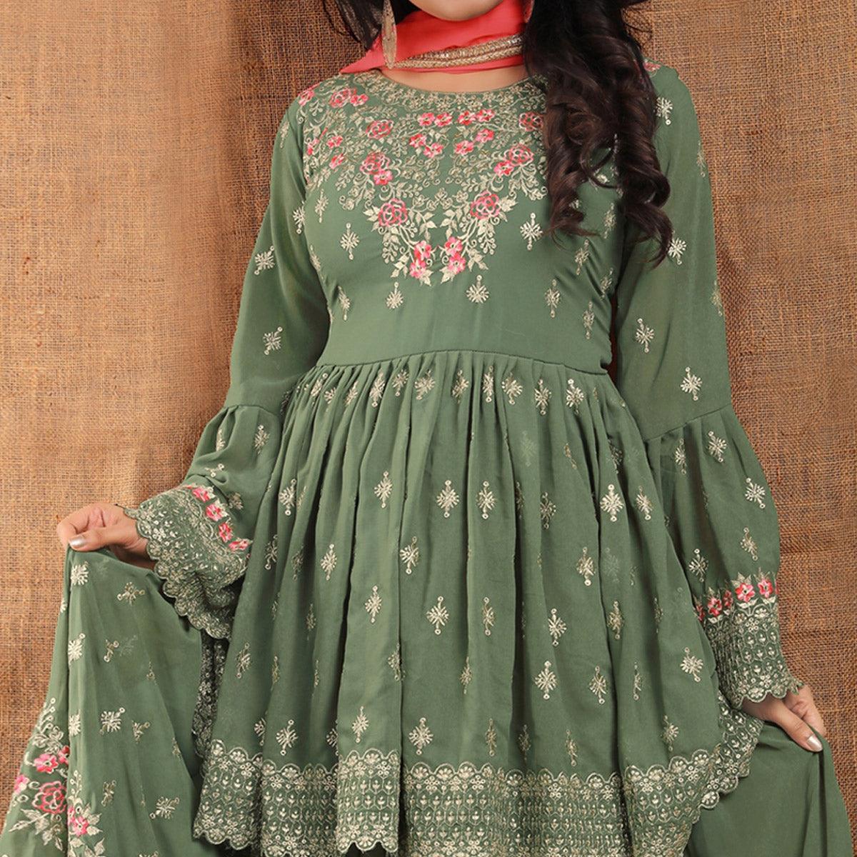 Olive Green Partywear Thread Floral Embroidered Georgette Sharara Suit - Peachmode