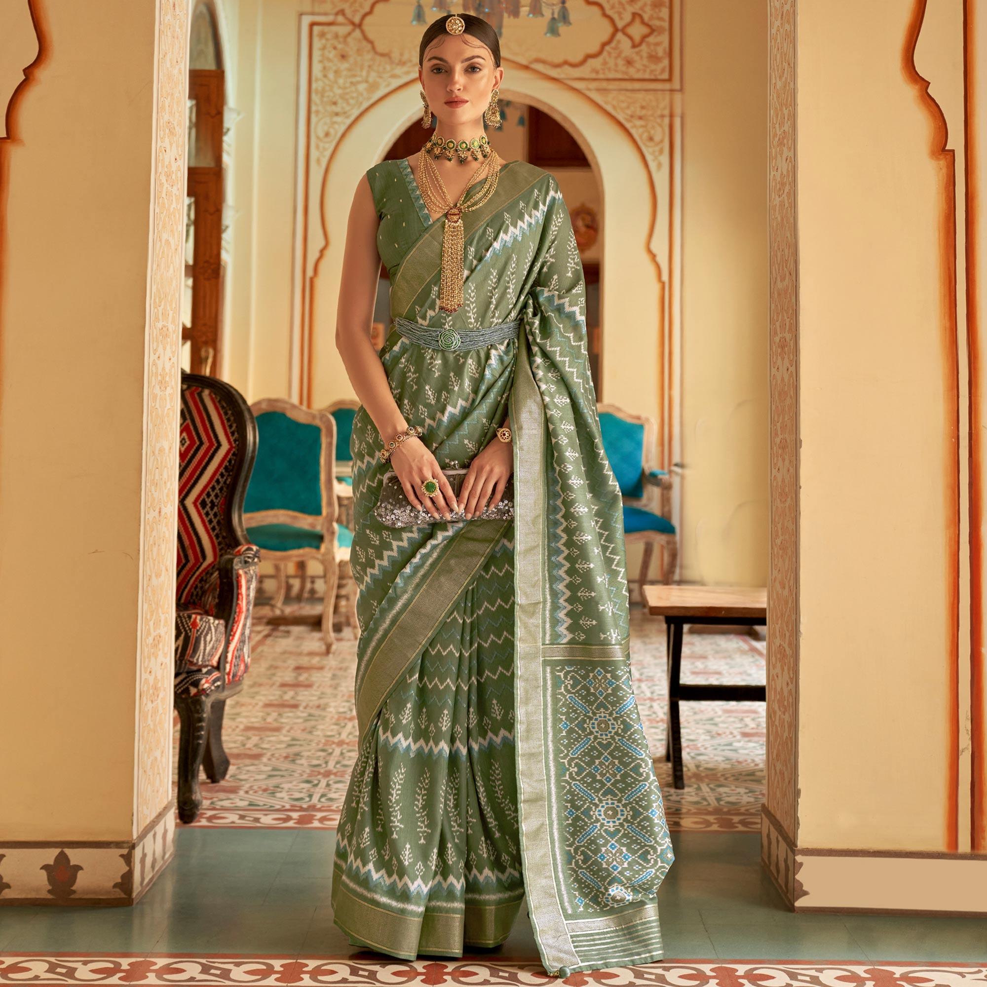 Olive Green Patola Printed Art Silk Saree - Peachmode
