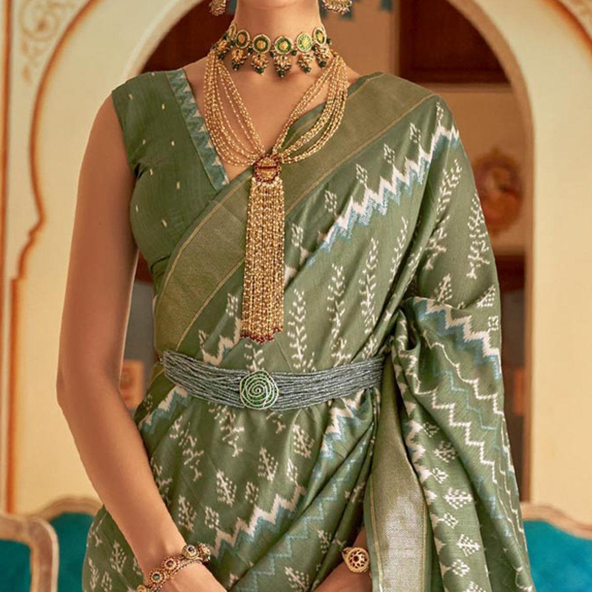 Olive Green Patola Printed Art Silk Saree - Peachmode