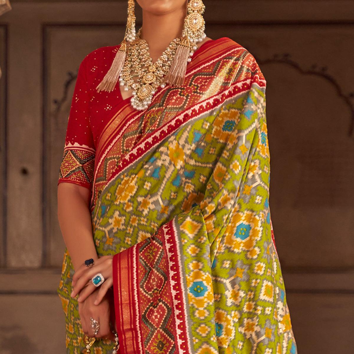 Olive Green Patola Printed Art Silk Saree - Peachmode