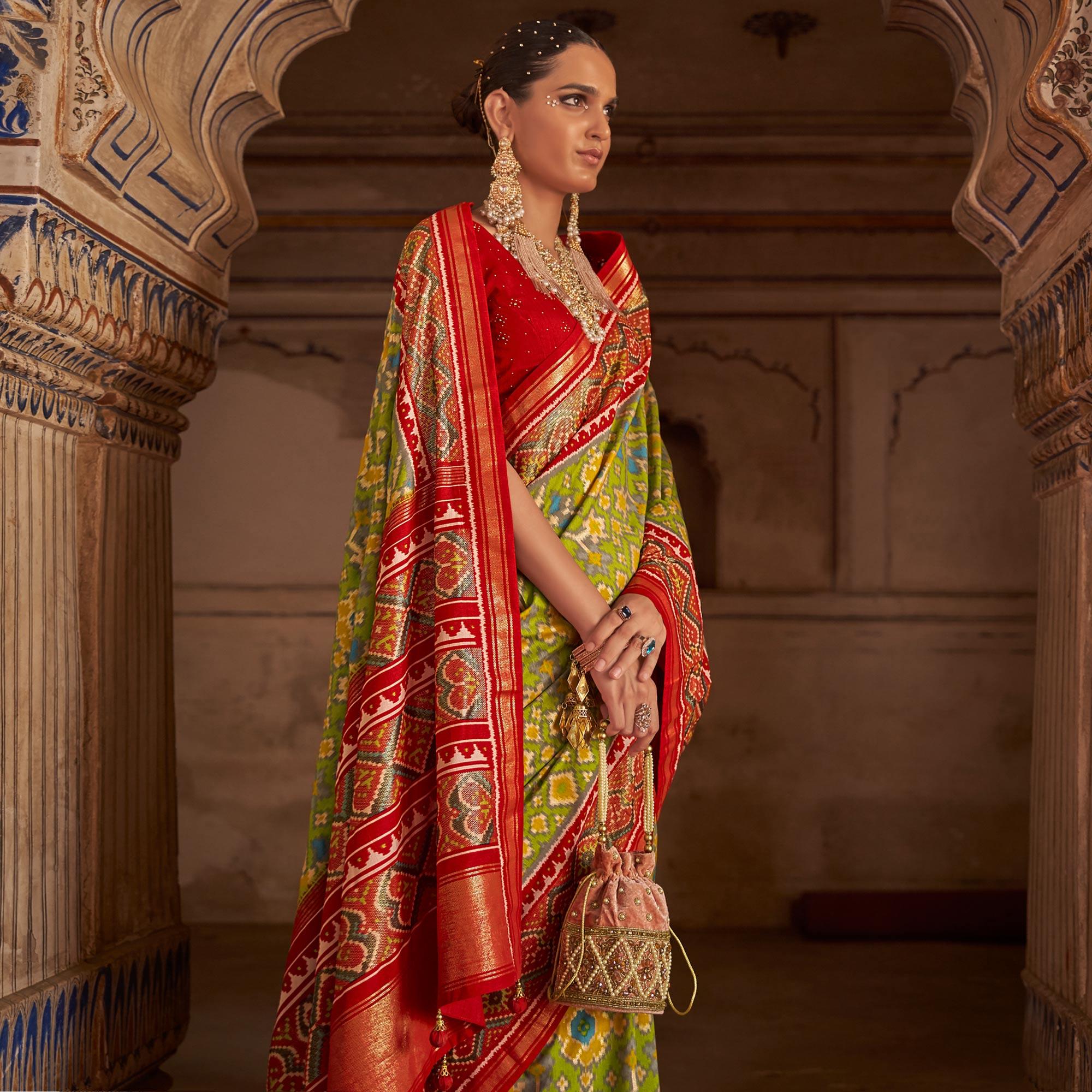 Olive Green Patola Printed Art Silk Saree - Peachmode