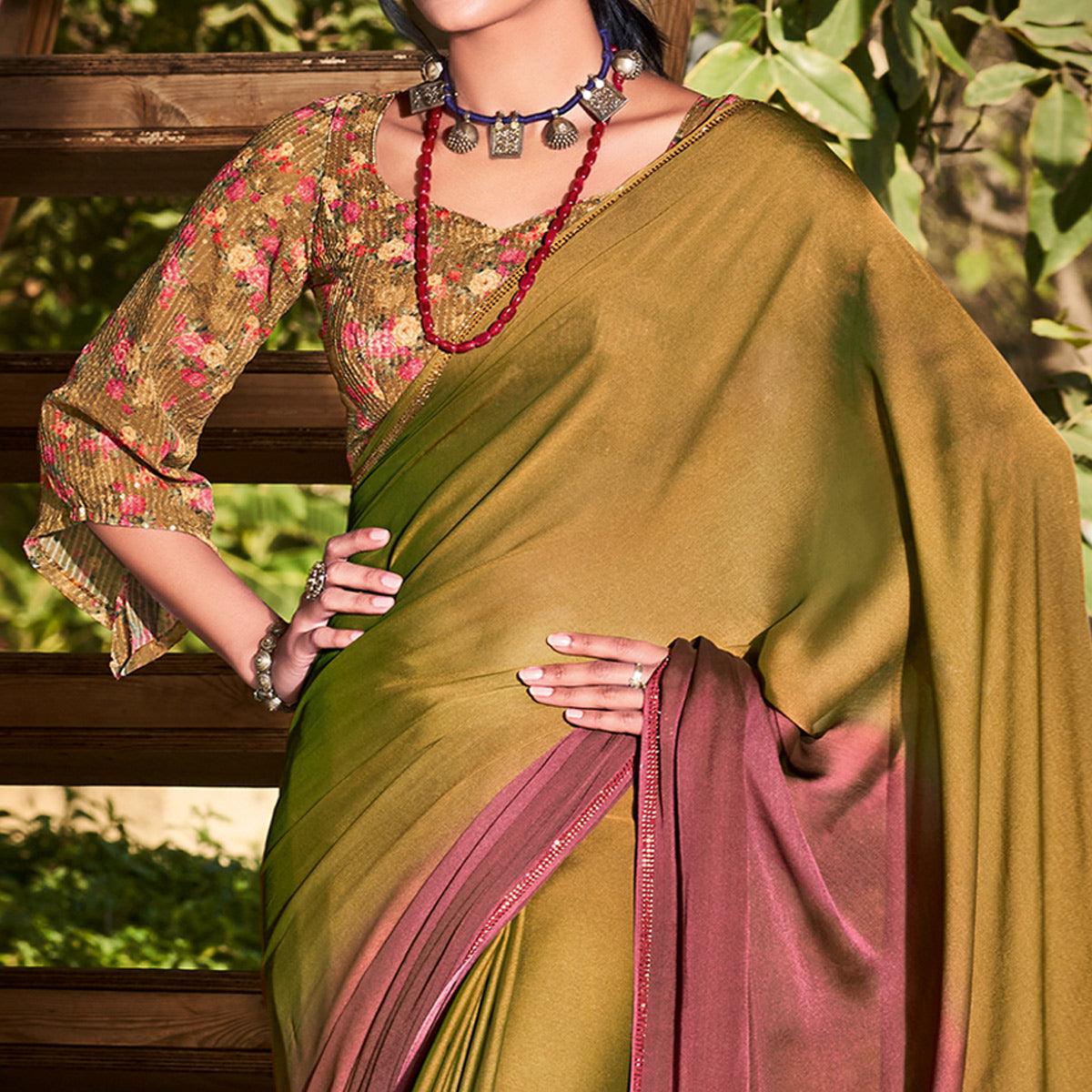 Olive Green-Pink Solid Chiffon Saree - Peachmode