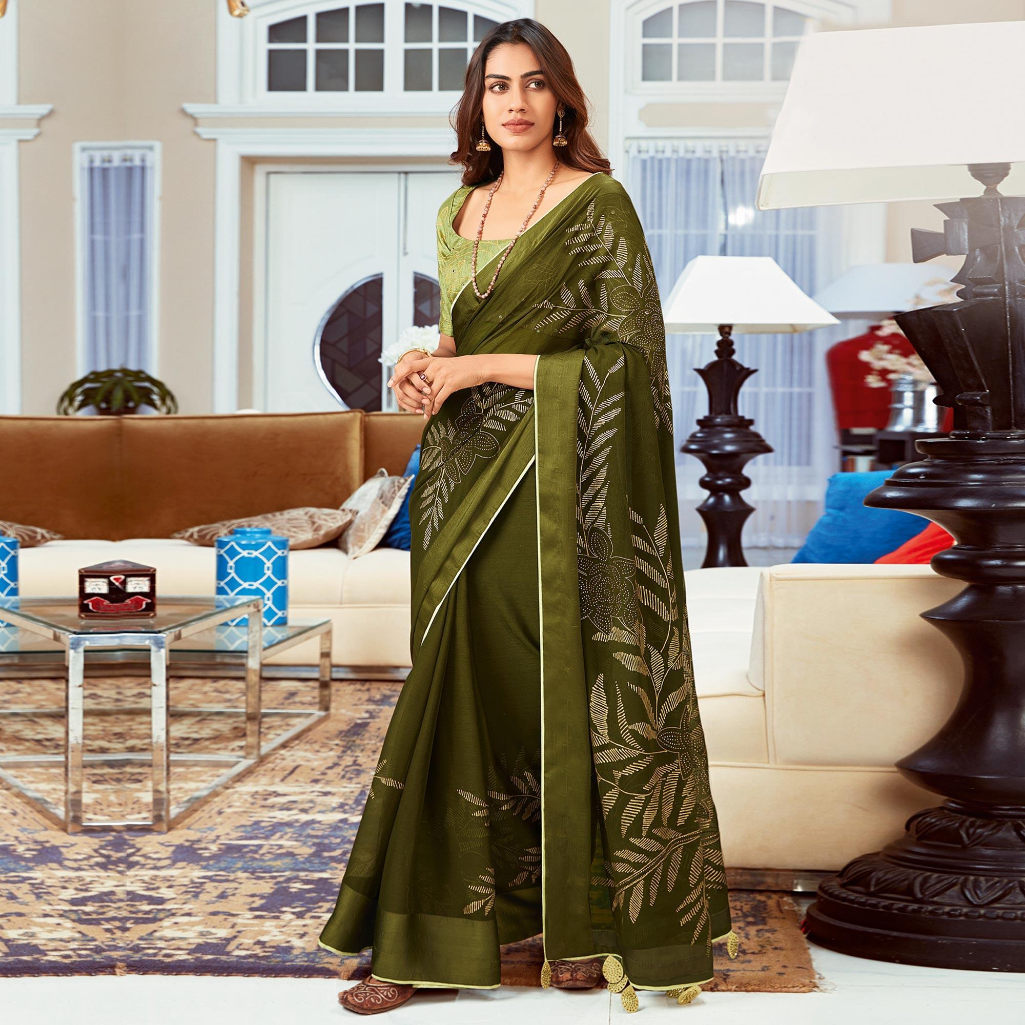 Olive Green Printed Art Silk Saree With Tassels - Peachmode