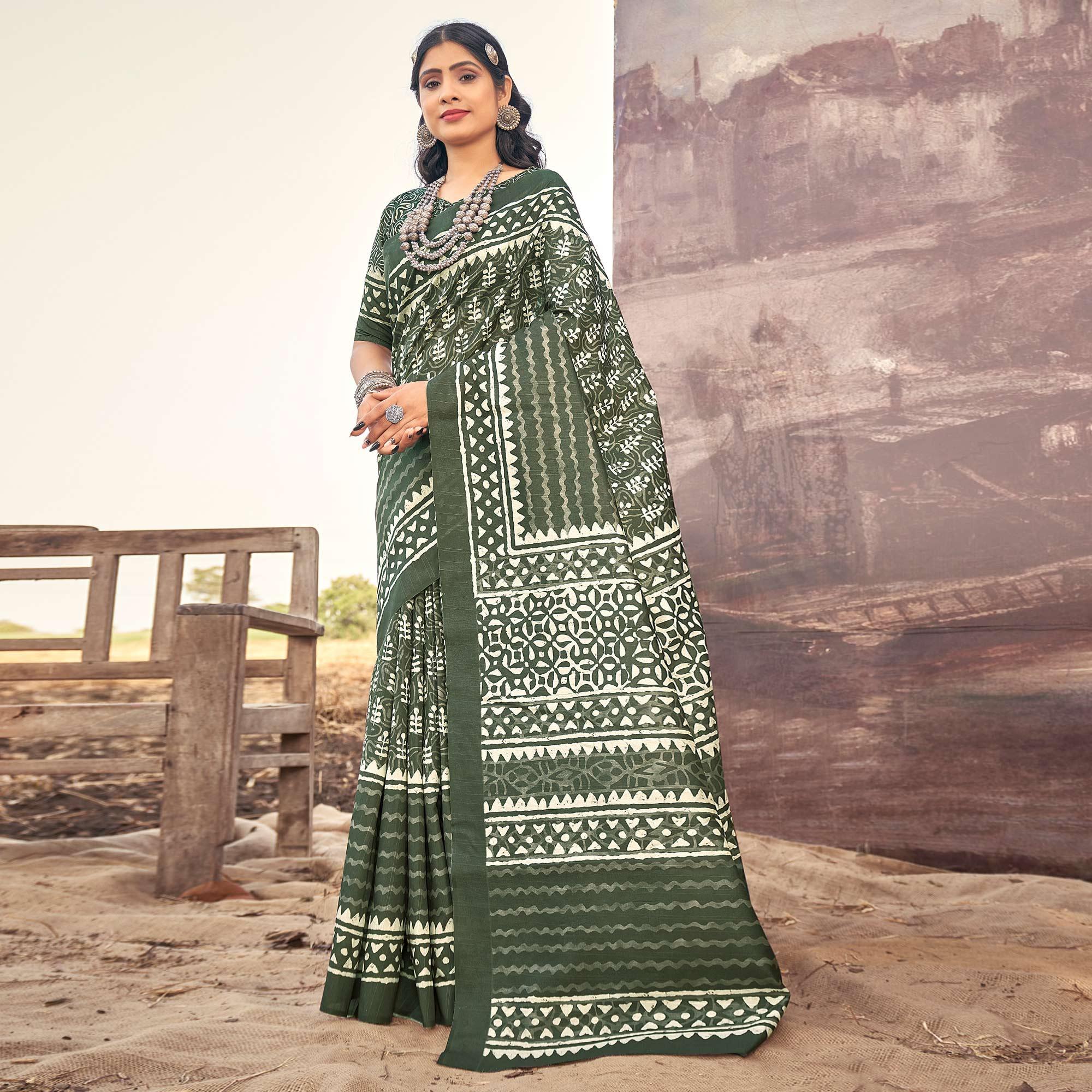 Olive Green Printed Bhagalpuri Silk Saree - Peachmode