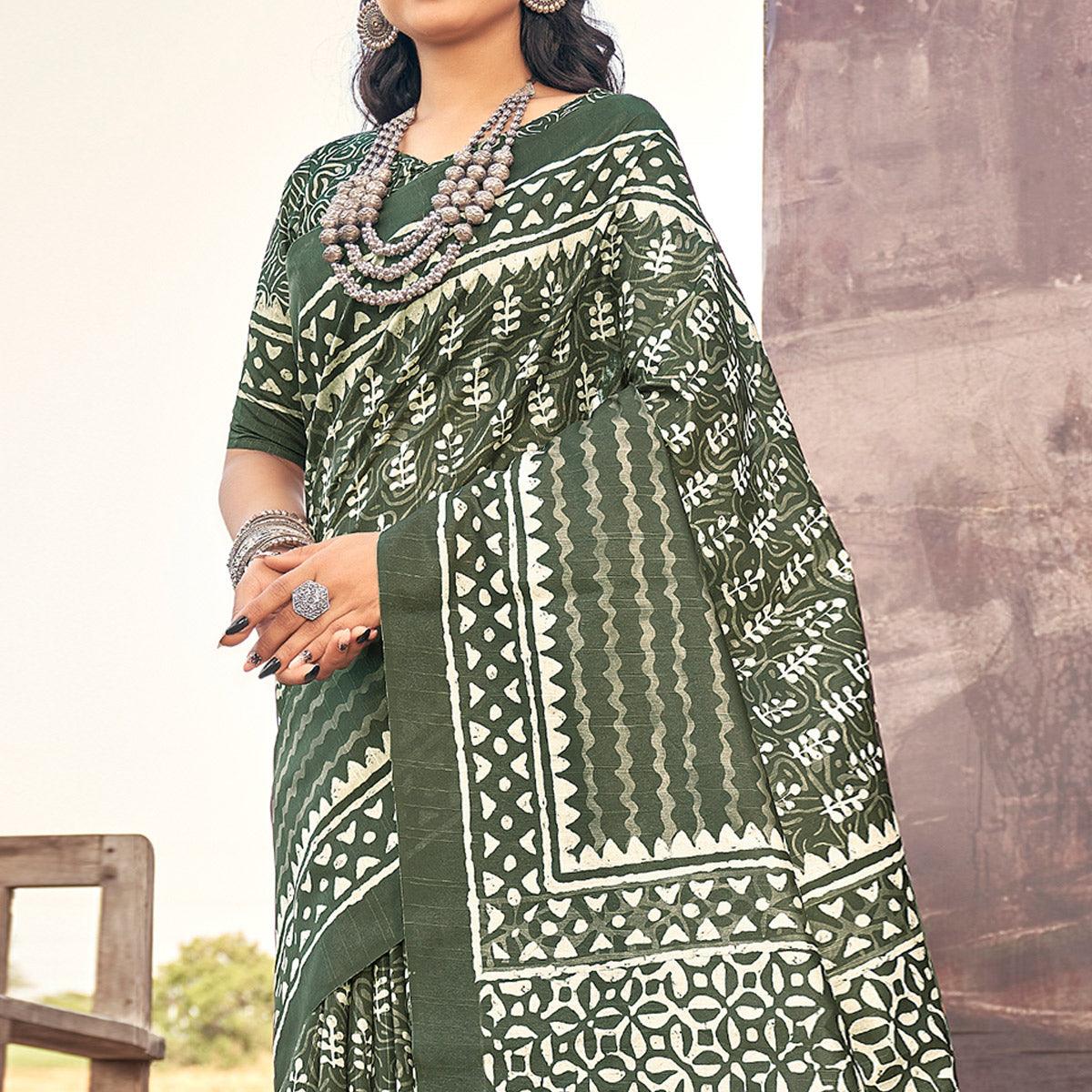 Olive Green Printed Bhagalpuri Silk Saree - Peachmode