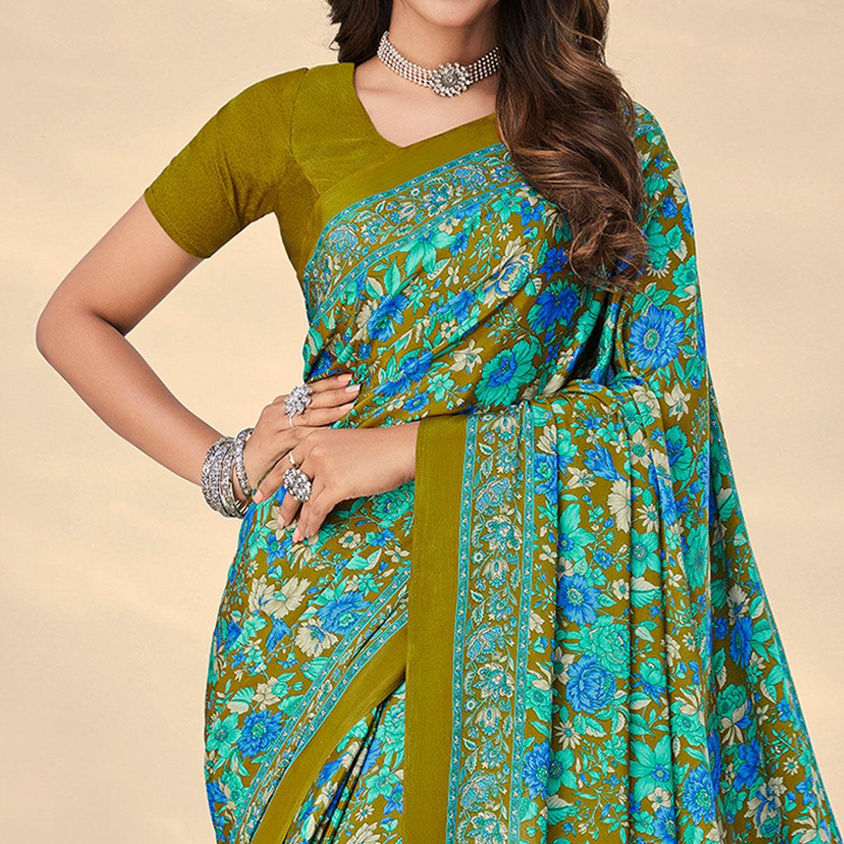 Olive Green Printed Crepe Saree - Peachmode