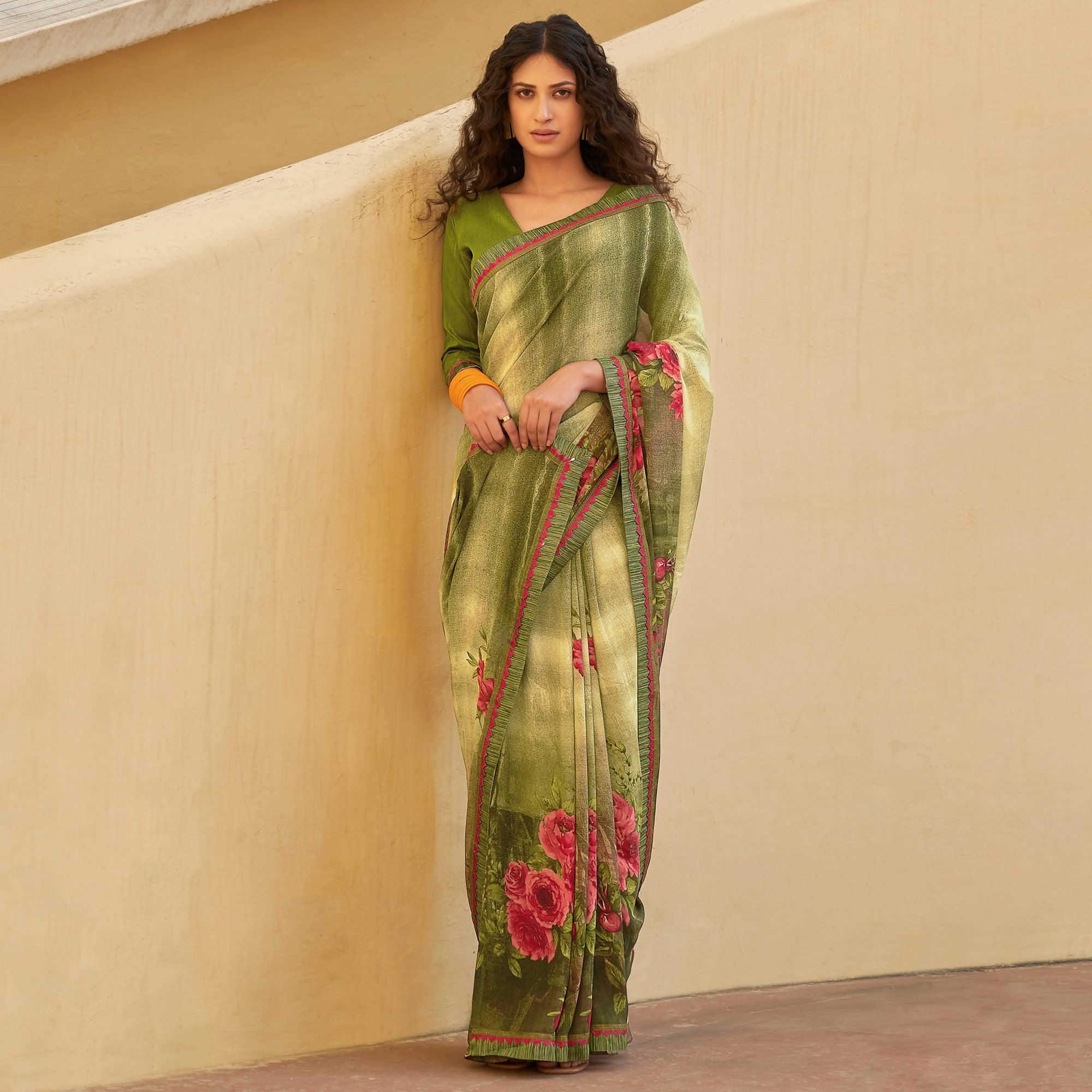Olive Green Printed Georgette Saree - Peachmode
