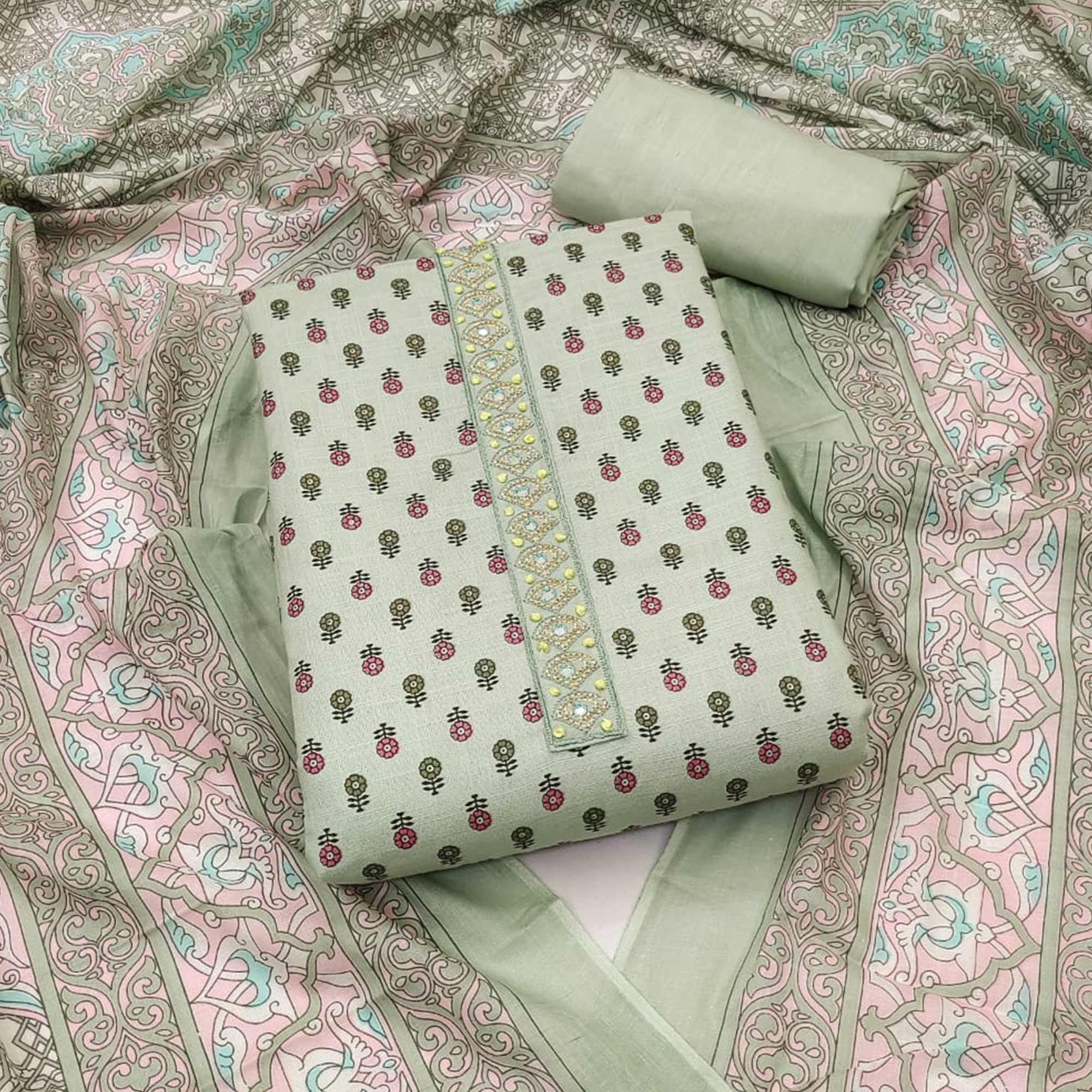 Olive Green Printed Pure Cotton Dress Material - Peachmode