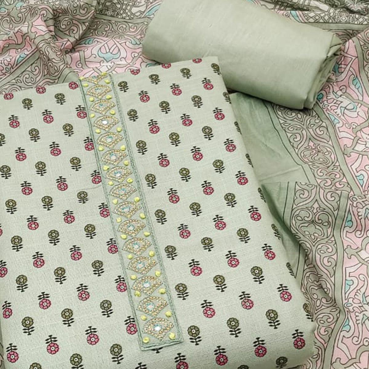 Olive Green Printed Pure Cotton Dress Material - Peachmode