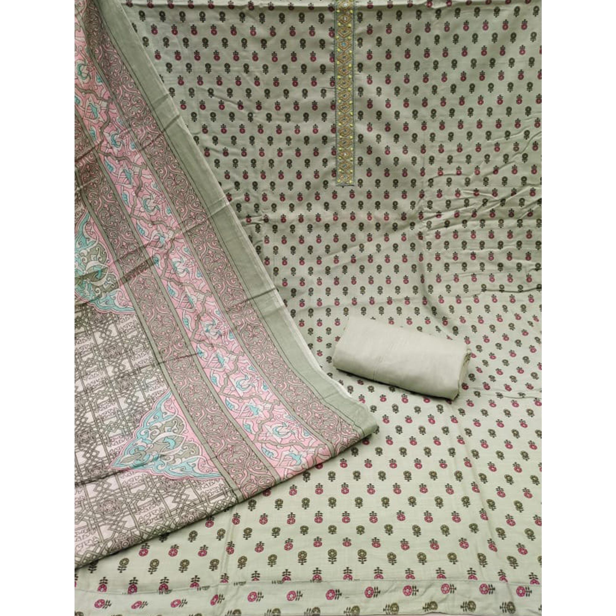 Olive Green Printed Pure Cotton Dress Material - Peachmode