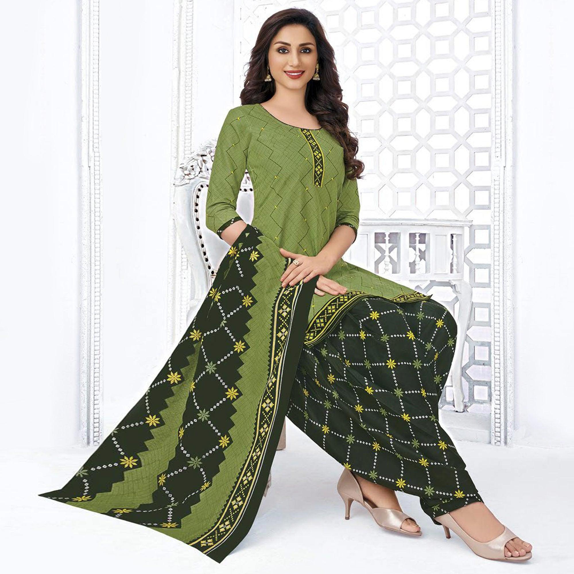 Olive Green Printed Pure Cotton Stitched Patiala Suit - Peachmode