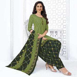 Olive Green Printed Pure Cotton Stitched Patiala Suit - Peachmode