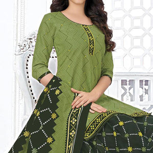 Olive Green Printed Pure Cotton Stitched Patiala Suit - Peachmode
