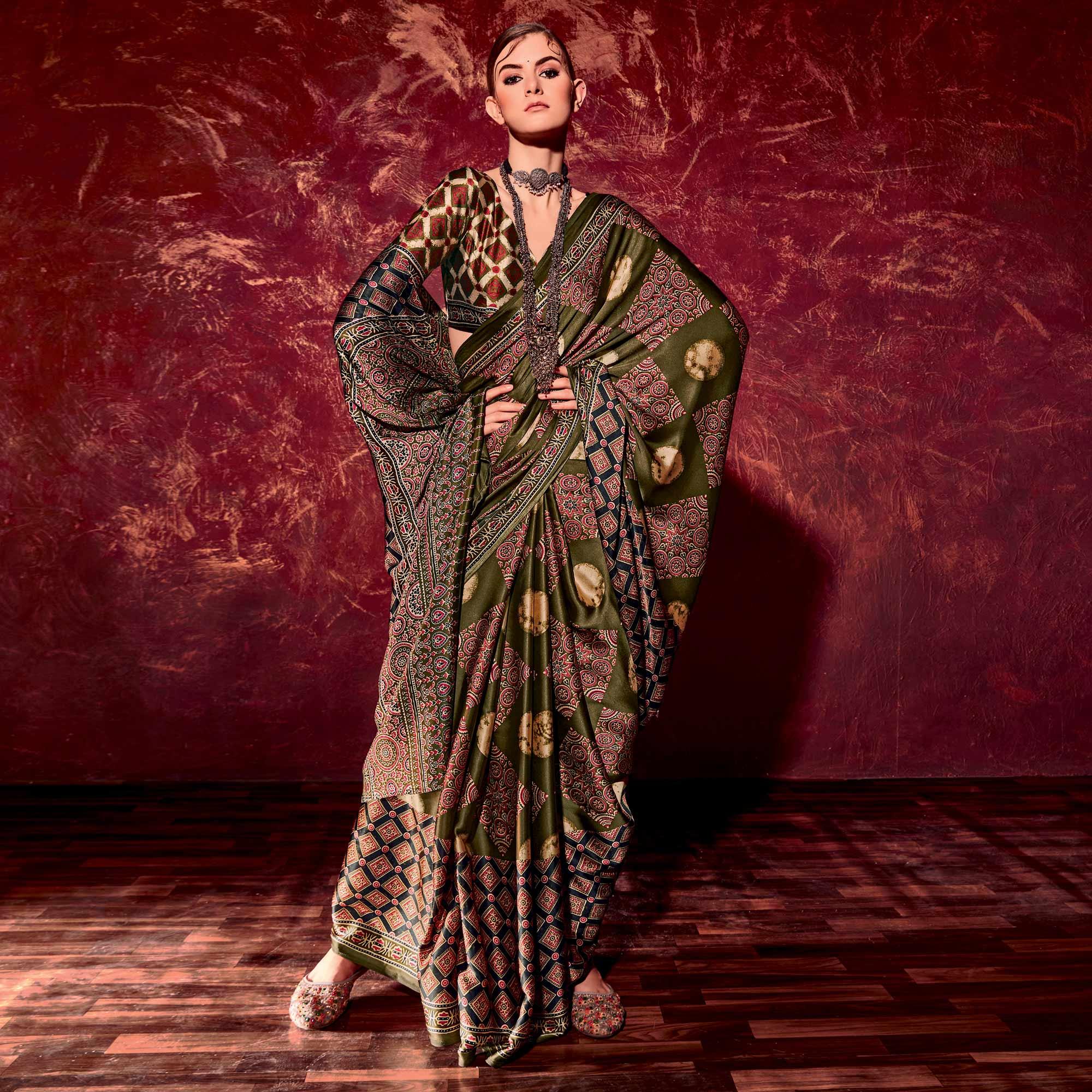 Olive Green Printed Satin Saree - Peachmode