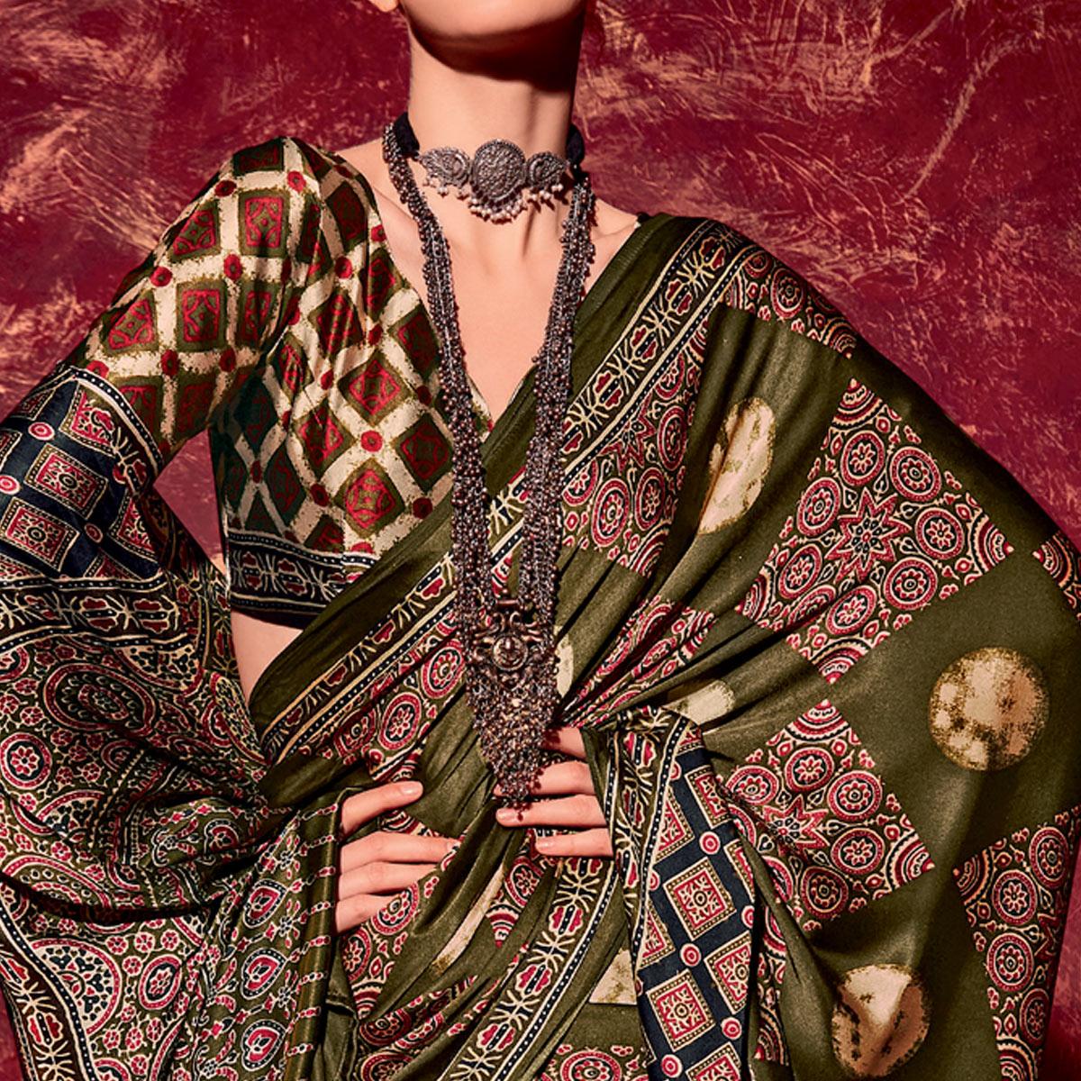 Olive Green Printed Satin Saree - Peachmode