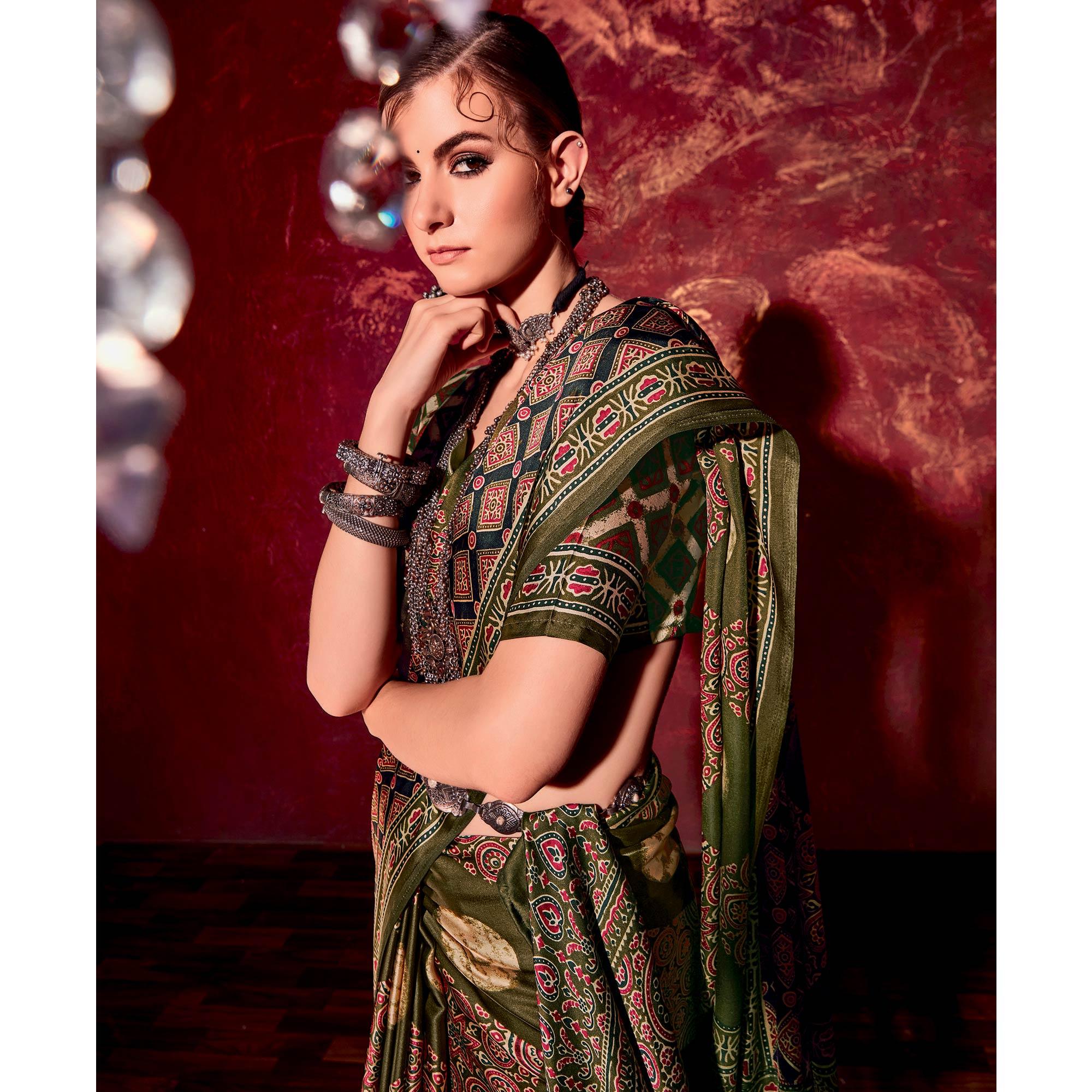 Olive Green Printed Satin Saree - Peachmode
