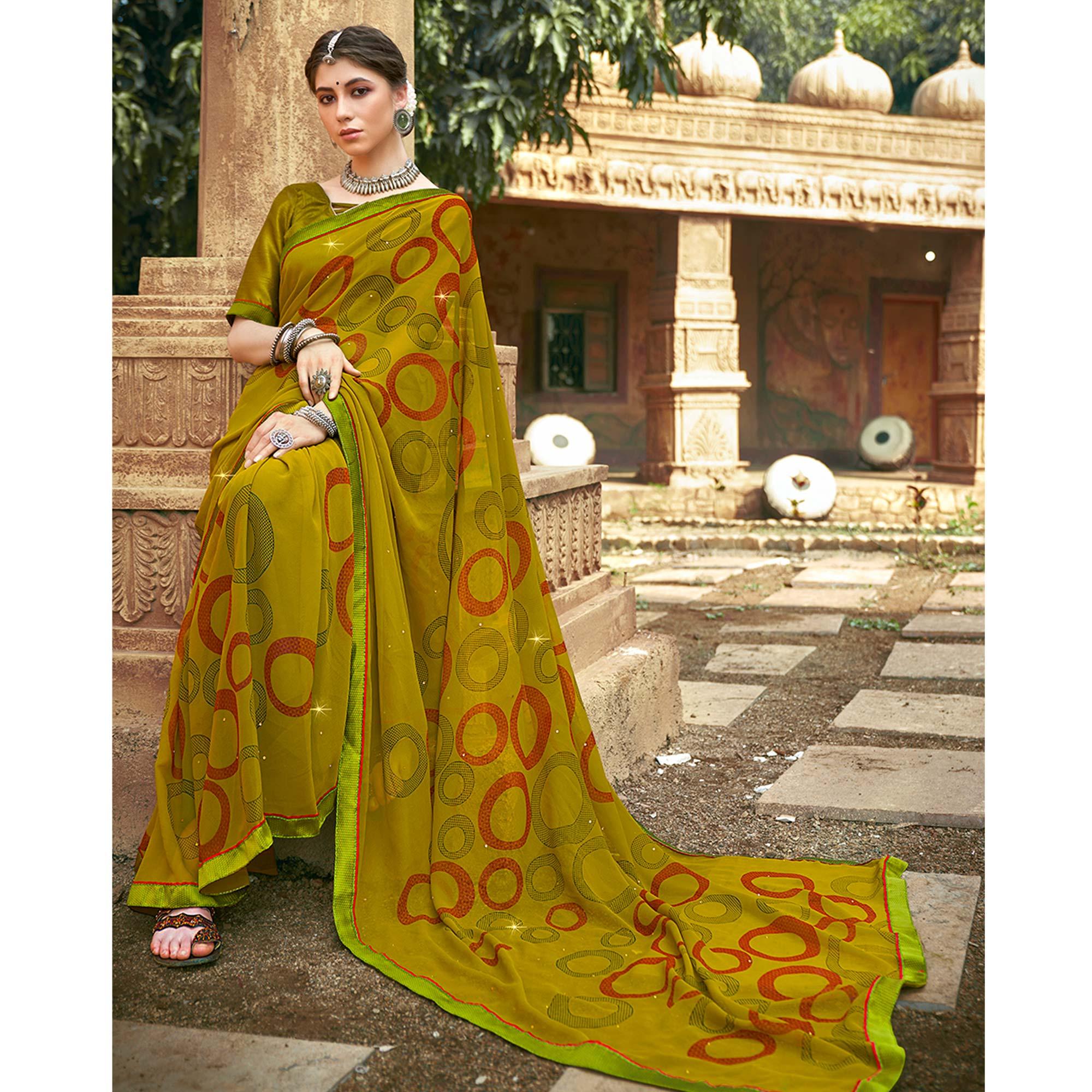 Olive Green Printed-Sequins Work Georgette Saree - Peachmode