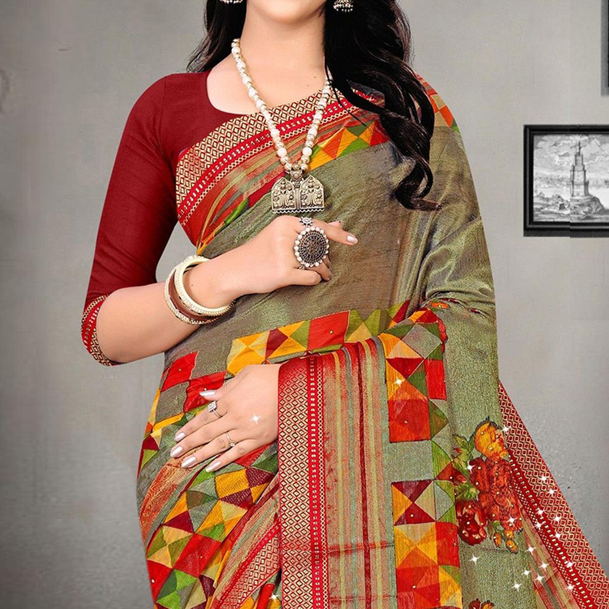Olive Green Printed With Embellished Brasso Saree - Peachmode