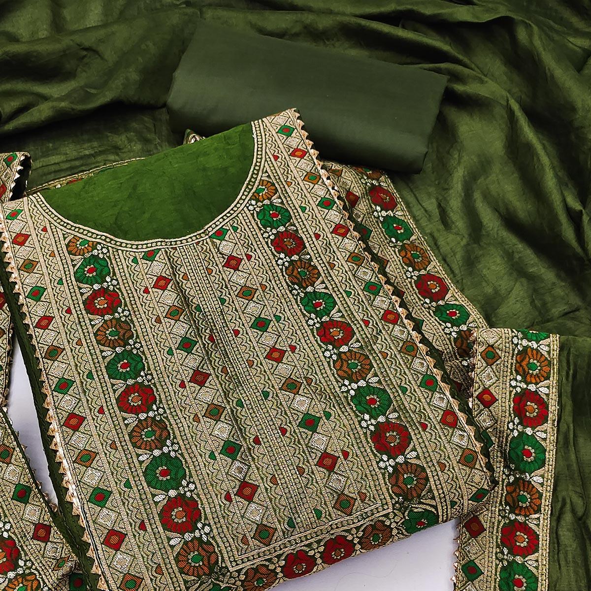 Olive Green Printed With Embellished Chanderi Dress Material - Peachmode