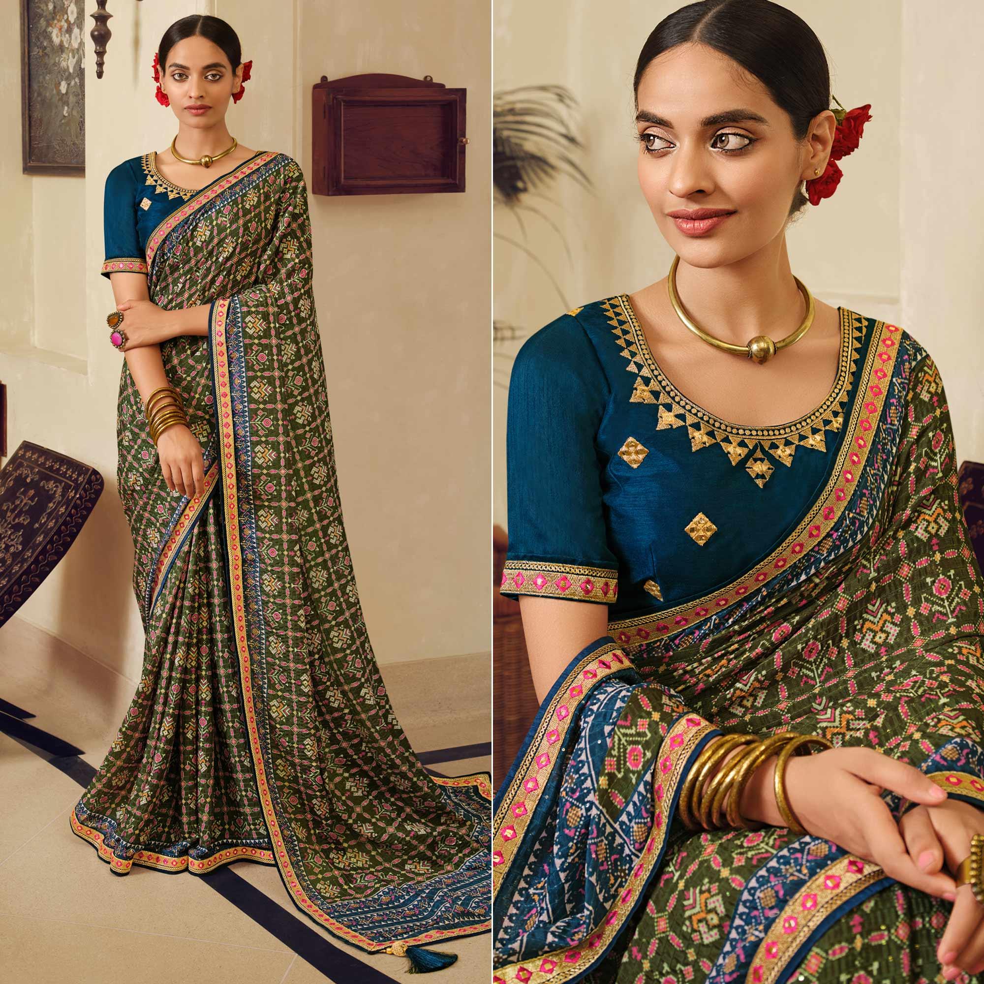 Olive Green Printed With Embellished Chiffon Saree With Tassels - Peachmode