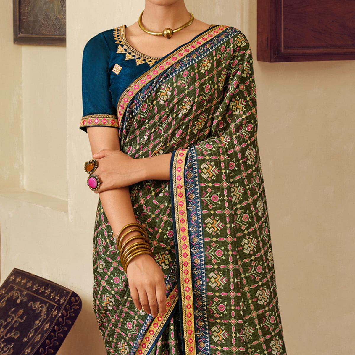Olive Green Printed With Embellished Chiffon Saree With Tassels - Peachmode