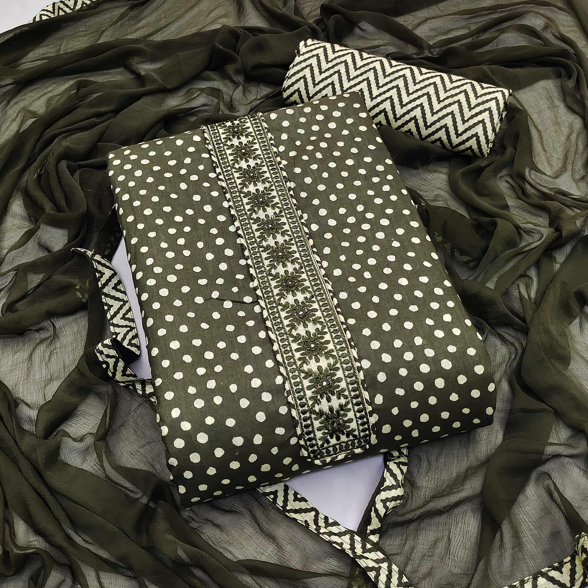 Olive Green Printed With Embroidered Poly Cotton Dress Material - Peachmode