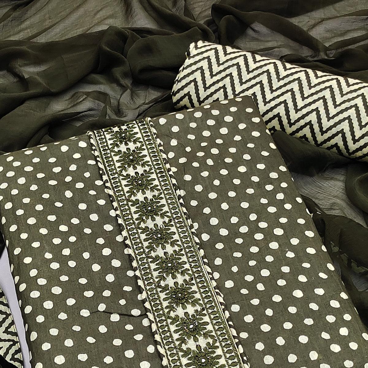 Olive Green Printed With Embroidered Poly Cotton Dress Material - Peachmode
