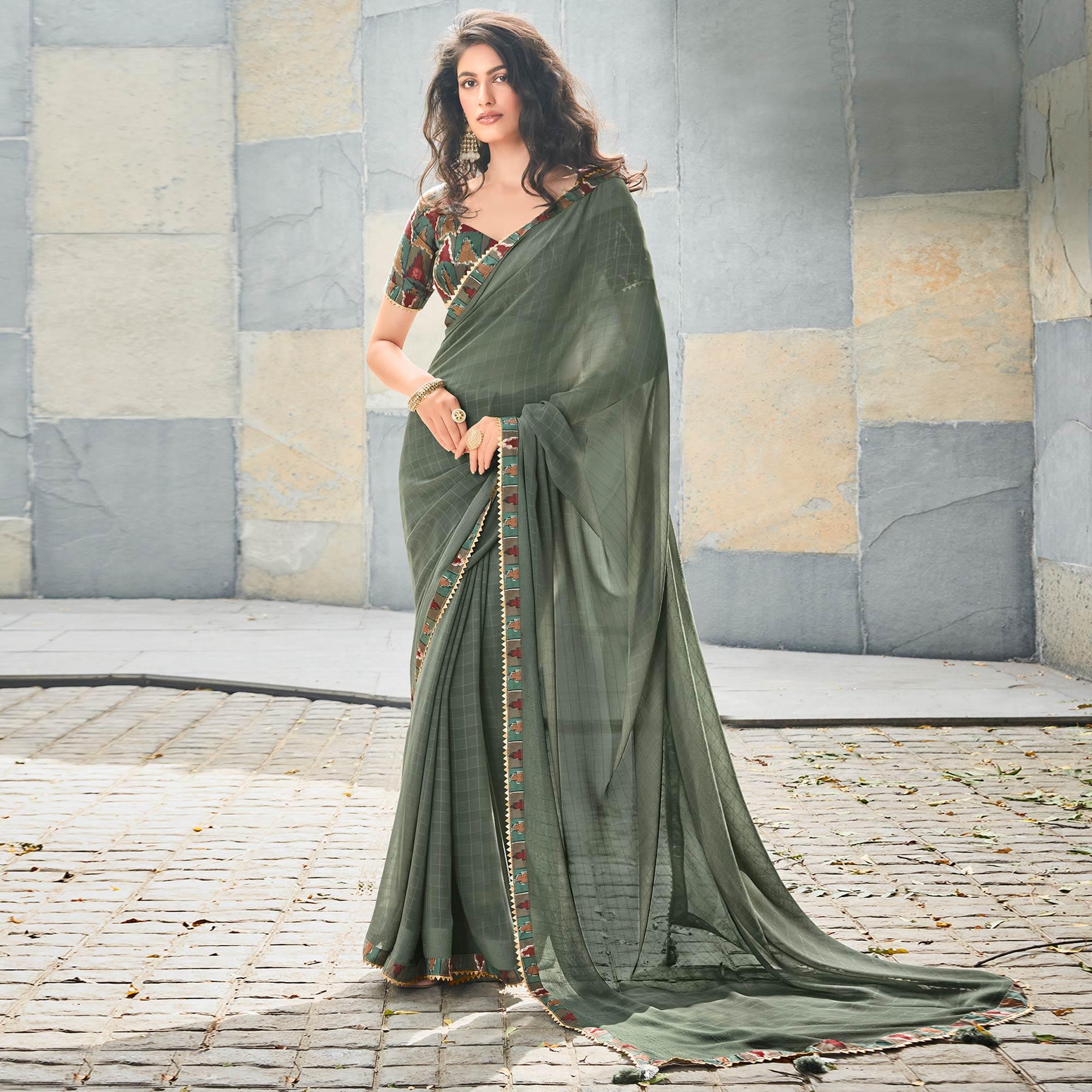 Olive Green Printed With Gota Patti Border Georgette Saree - Peachmode