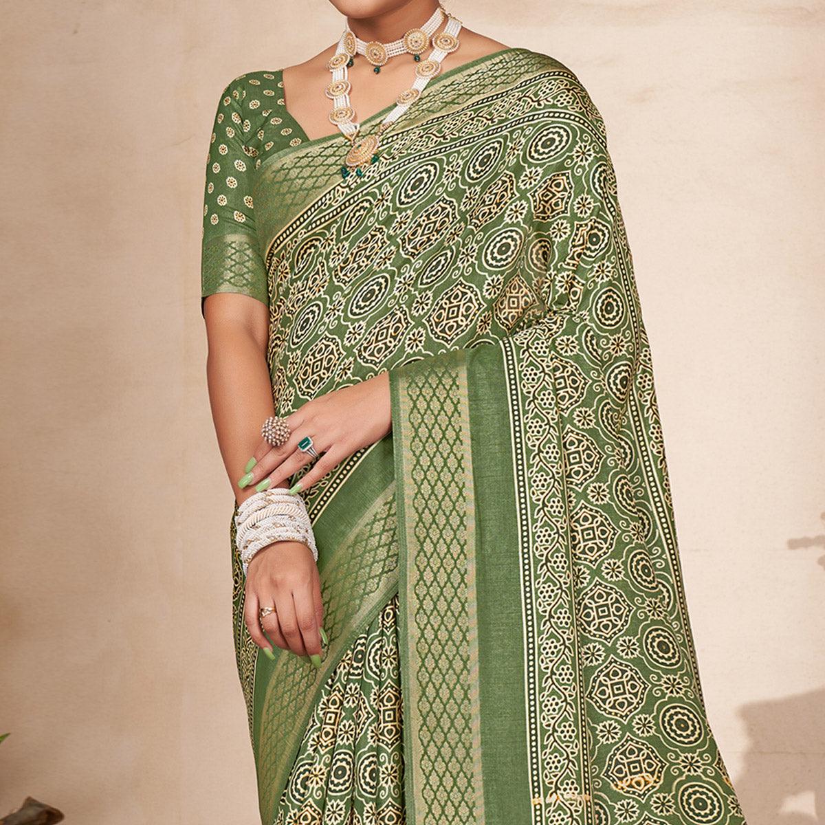 Olive Green Printed-Woven Dola Silk Saree With Tassels - Peachmode